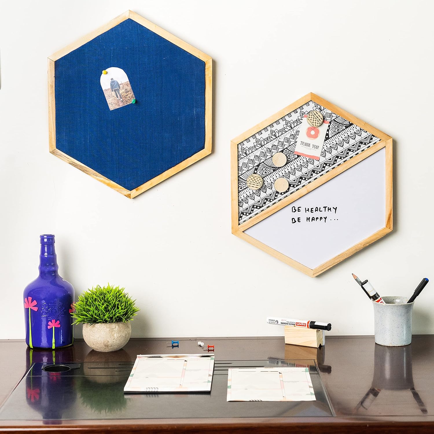 IVEI Hexagon Shaped Combination Board with Magnet Board, Pin Board & Whiteboard - Set of 2 - Dark Blue - Innovative Organizer for Kids and Adults with Magnets to Do Boards Gift for Home, Office