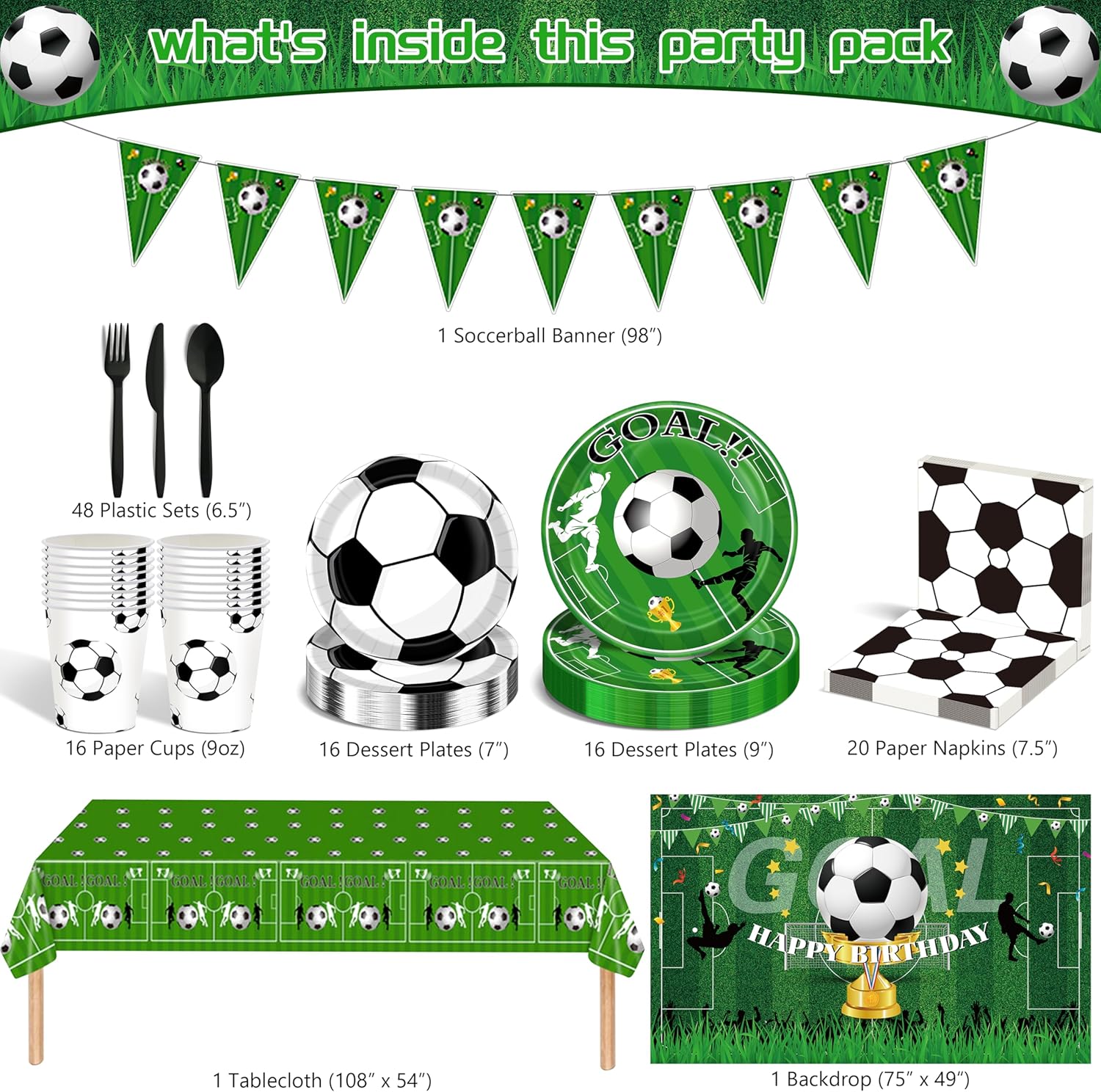 Soccer Themed Birthday Party Decorations Supplies, Sport Football Themed Party Decor with Paper Dinnerware Plate Cup Napkin Backdrop Tablecloth Banner Balloon Arch Kit - Image 2