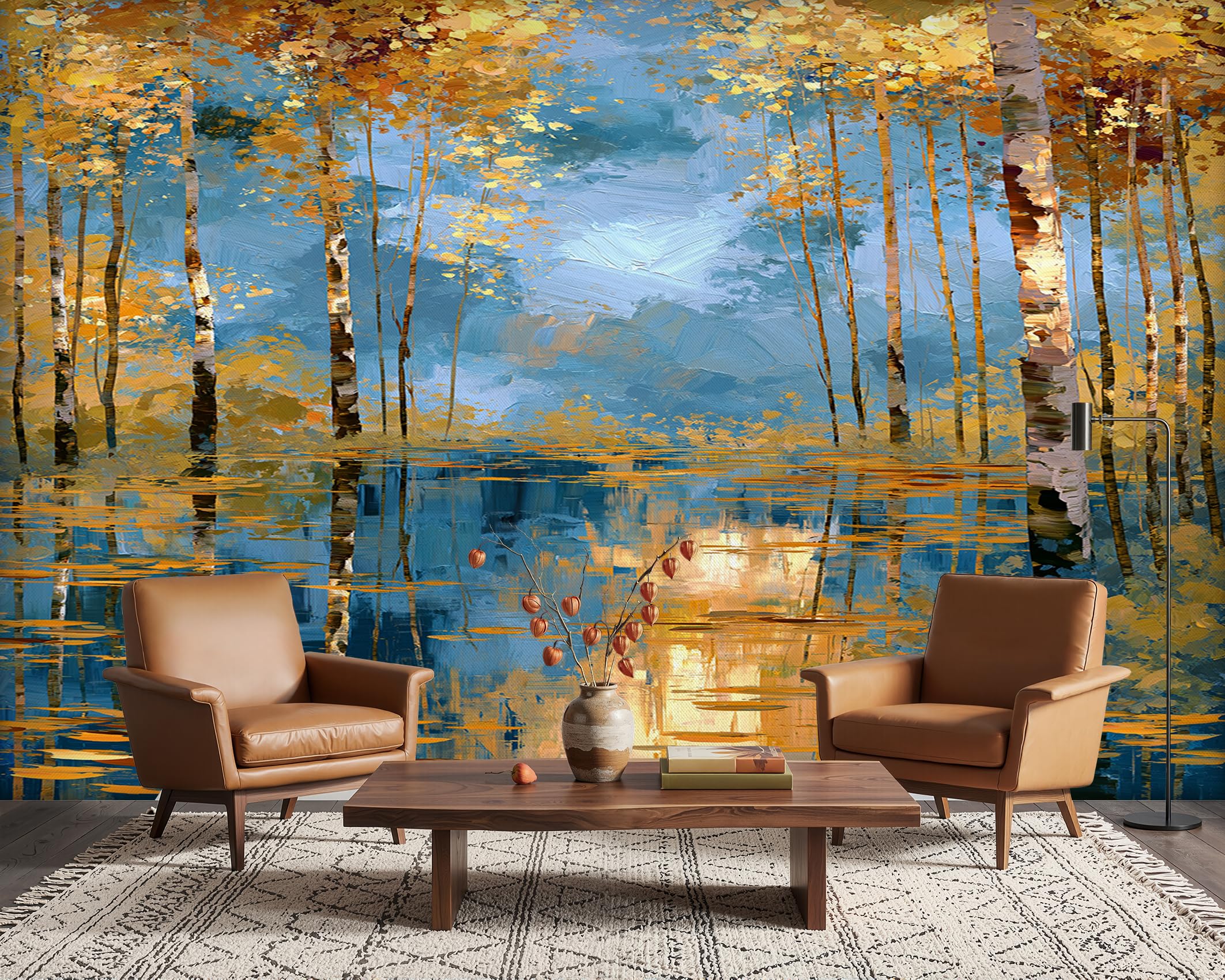 PaxGloz Blue and Gold Forest Scenery Photo Wallpaper, Autumn Trees Abstract Nature Wall Mural for Living Room & Bedroom, Non-Woven Decorative Wall Art 450x315 cm — image 1