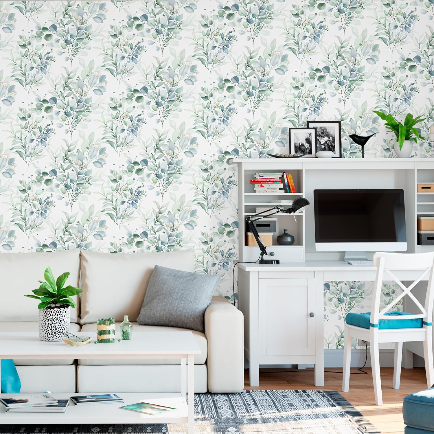Boho Green Eucalyptus Leaf Peel and Stick Floral Wallpaper Removable Waterproof Contact Renter Friendly Wall Paper for Desk, Kitchen Cabinets, Bathroom, Bedroom Decor 17.3" x 79" TH8095-2