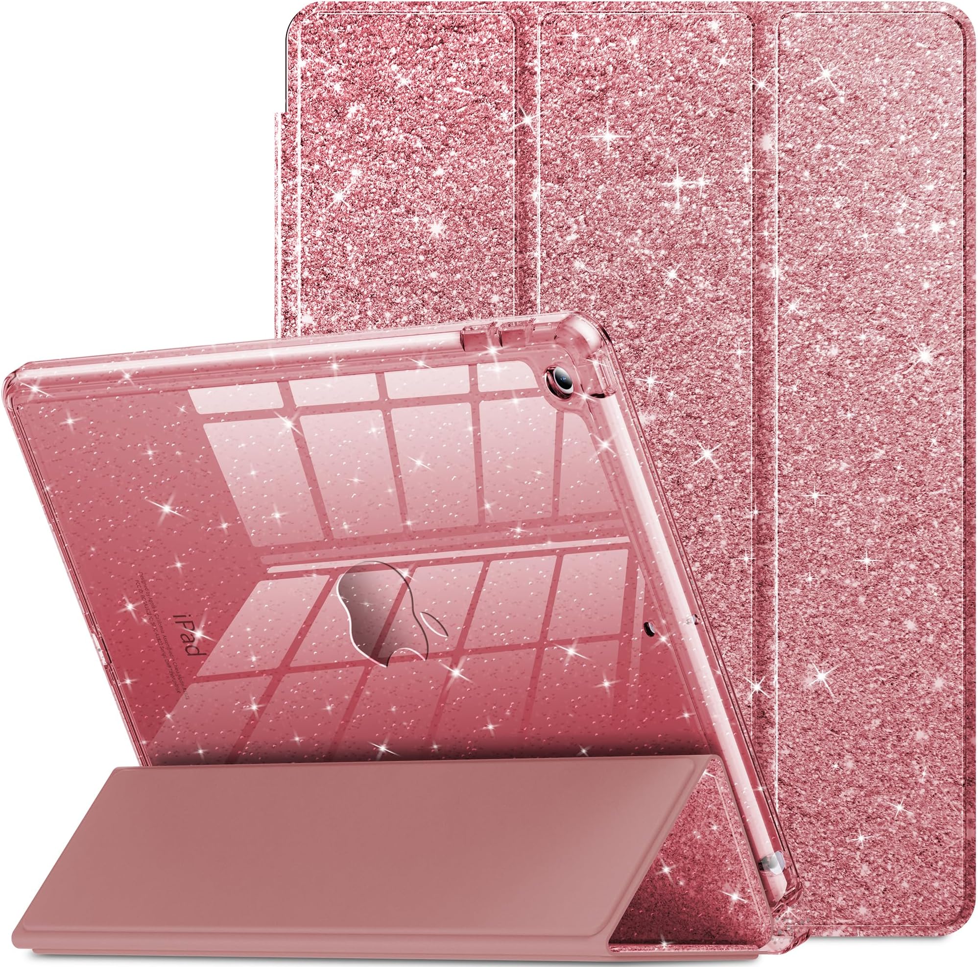 INFILAND iPad 9th Generation Case 10.2 inch iPad Case for 7th / 8th / 9th Generation (2021 / 2020 / 2019 Model) Glitter Leather Cover Bling Crystal Clear Back Pencil Holder Anti-Yellowing (Rose Gold)