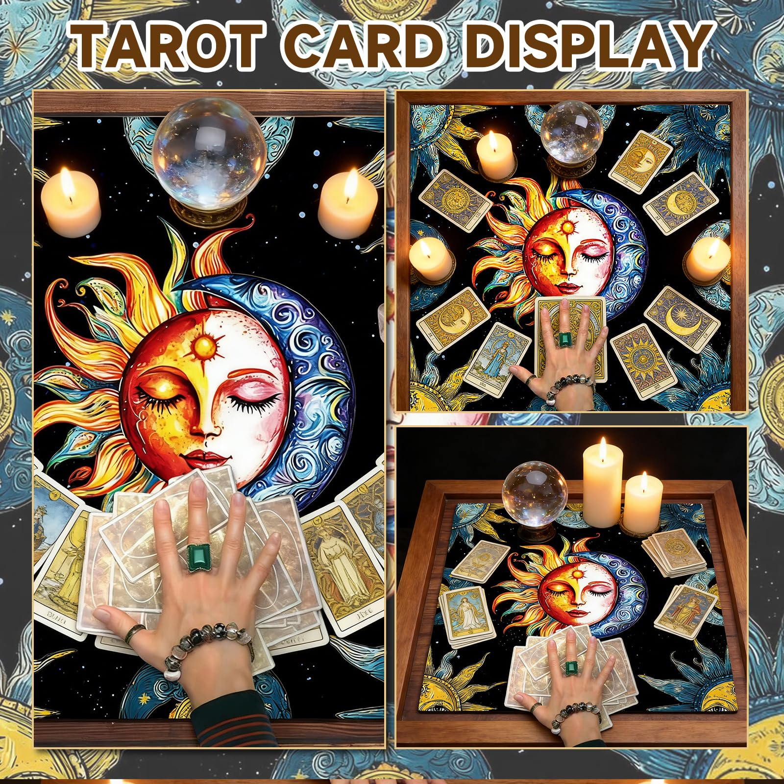 Tappeto per Tarocchi e Carte Oracle, Tovaglia per Altare con Disegno Sole e Luna, Accessorio per Cartomanzia, Pendolo e Divinazione, Ottimo per Chi Inizia a Praticare, 50 cm x 50 cm