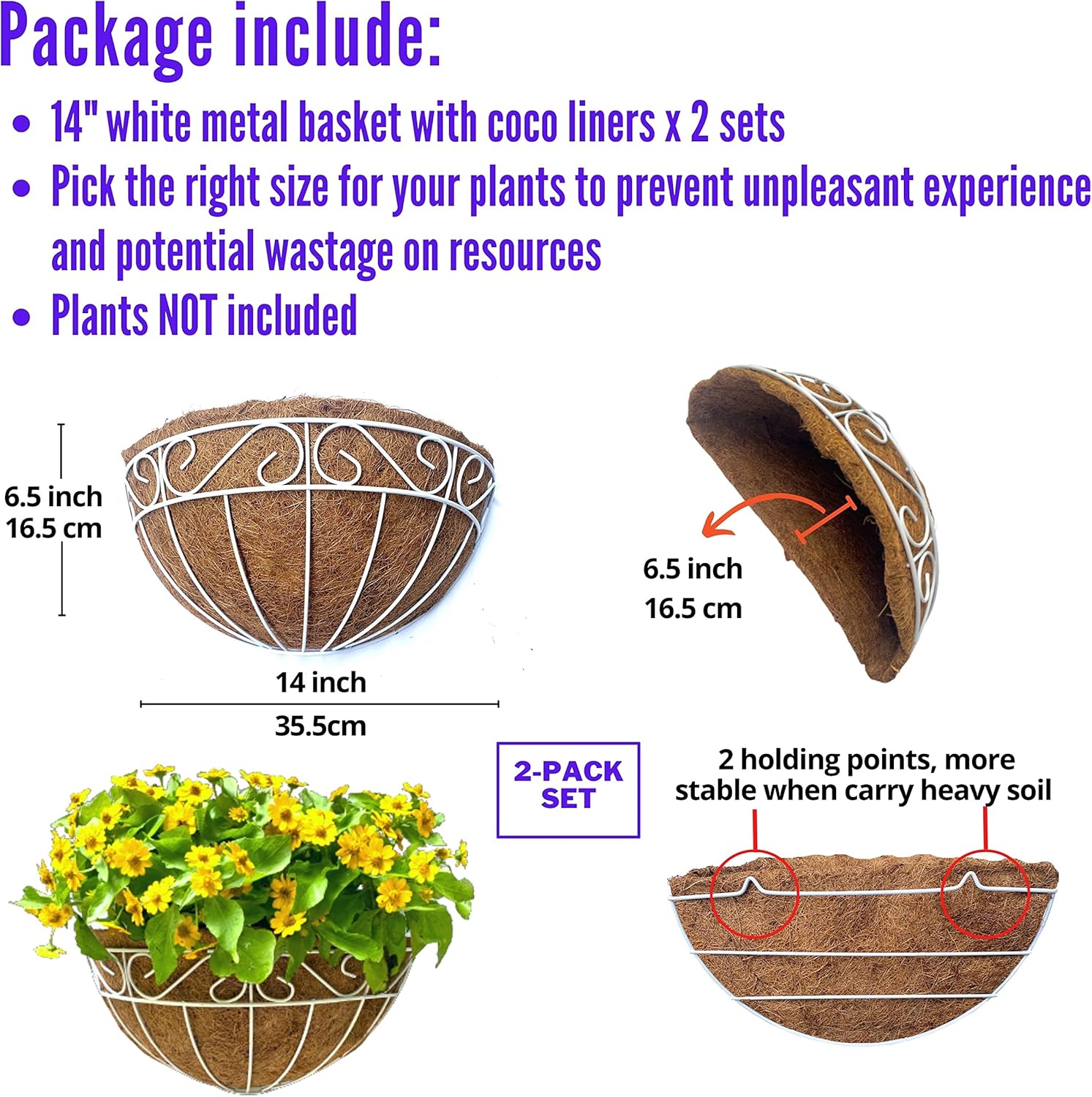 LaLaGreen Wall Mounted Flower Baskets (2 Pack, 14 Inch) Large Wall Hanging Planter with Coco Liner for Outdoor Plants, White Metal Fence Pots Holder Rail Railing Deck Porch Balcony Garden Patio Decor