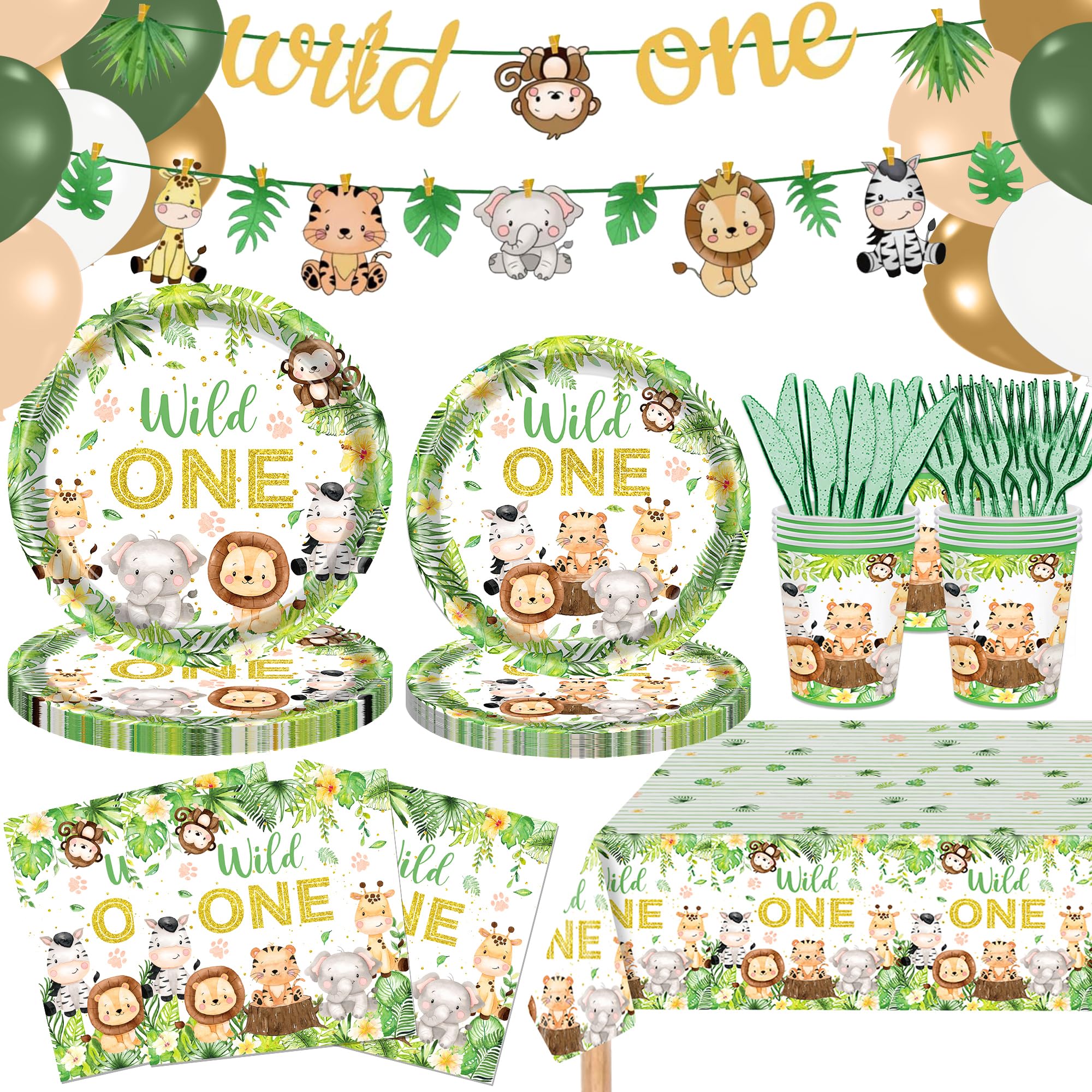 ASLERMURE 222 PCS Wild One Birthday Decorations, Jungle Safari Baby Shower Decorations Tableware Set with Animal Plates Napkins Cutlery Tablecloth