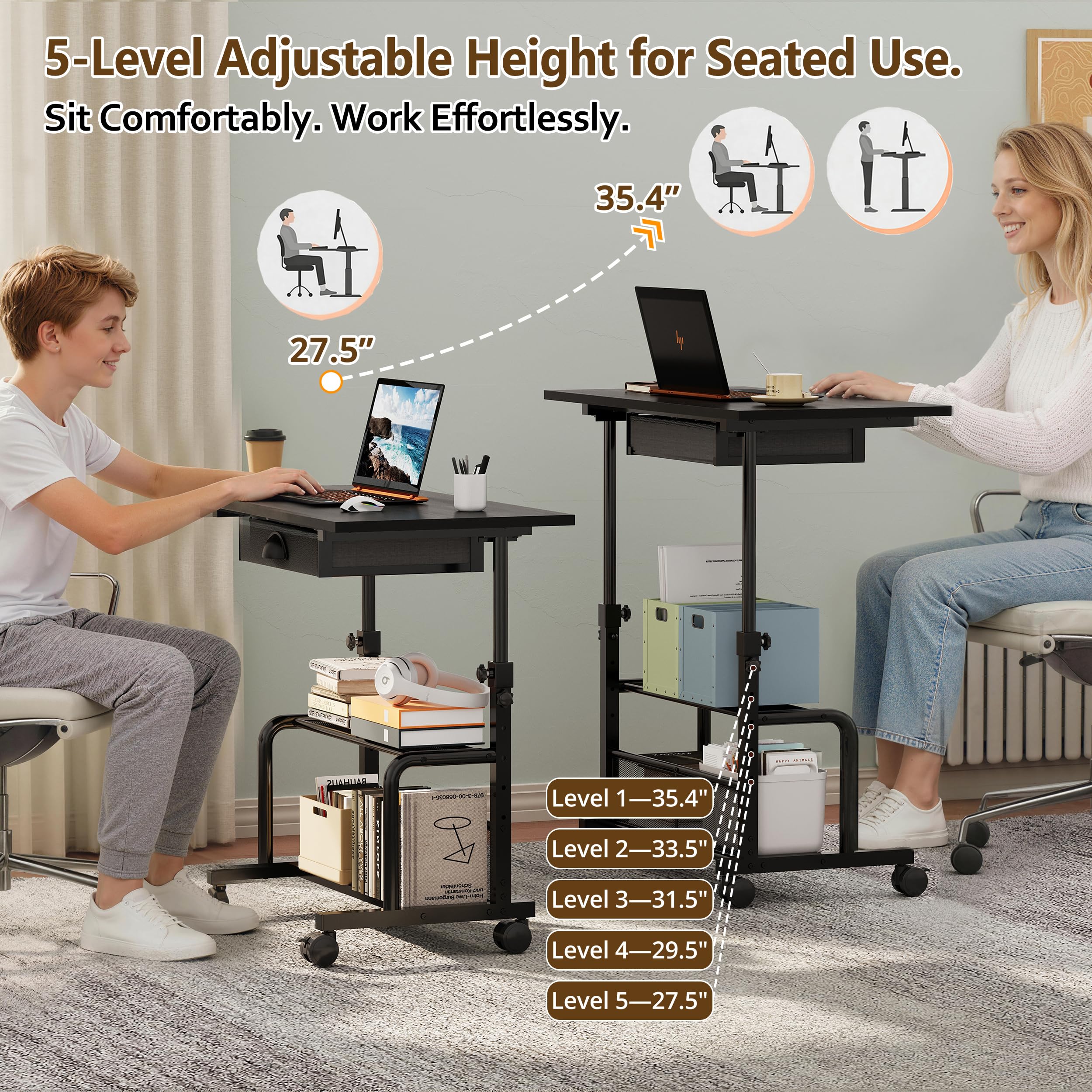 Adjustable Height Small Computer Desk with Drawers Portable Rolling Desk for Seated Use 32 Laptop Desk for Home — view 3
