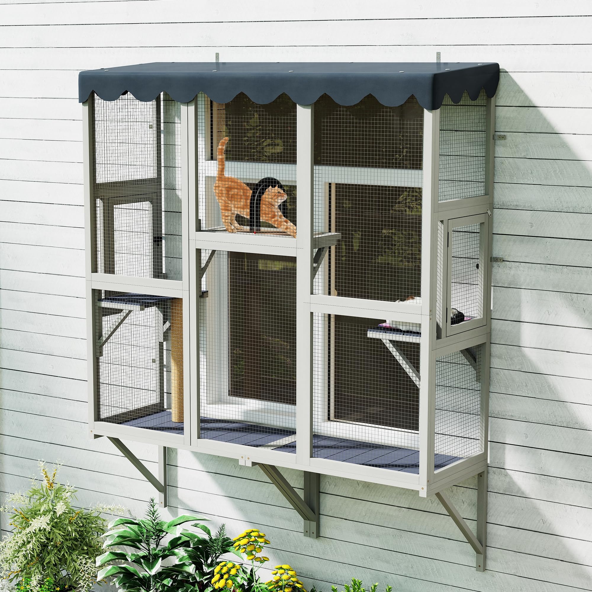 Lean to Window Catio, Large Cat Window Catio Enclosure Cage with Waterproof PVC Cover, Wooden Multi-Level Perches Catio Escape-Proof Galvanized Mesh for Indoor Cats, Outdoor Patio 150 x 180 cm