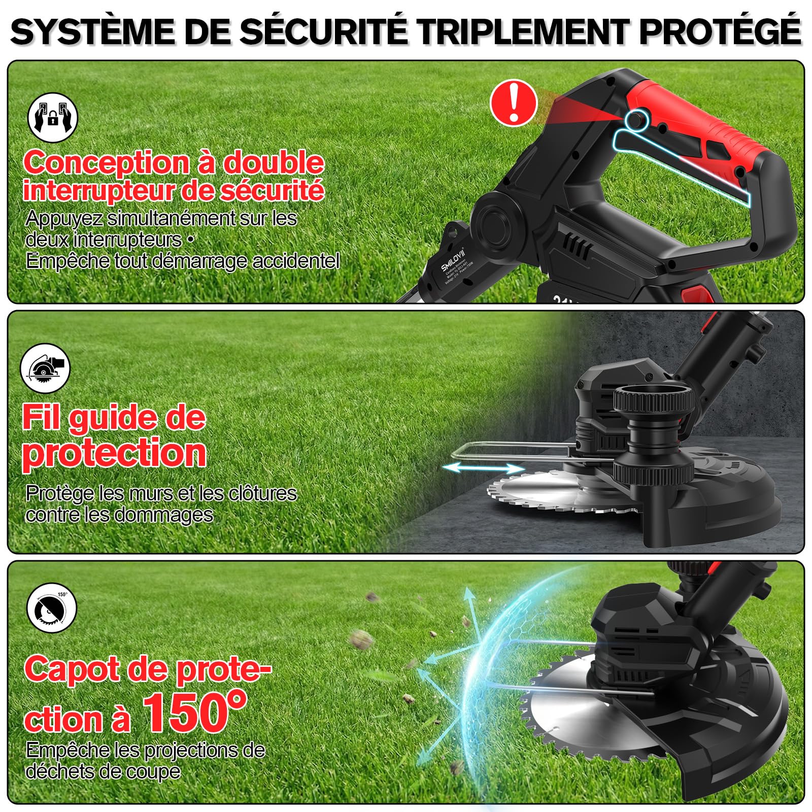Débroussailleuse à Batterie 21V 850W Max, Coupe-Bordure sans Fil avec Écran LCD (0-100%), Rotofil avec 2 Batteries 2.0Ah, Brosse en Acier et Roues pour Jardin