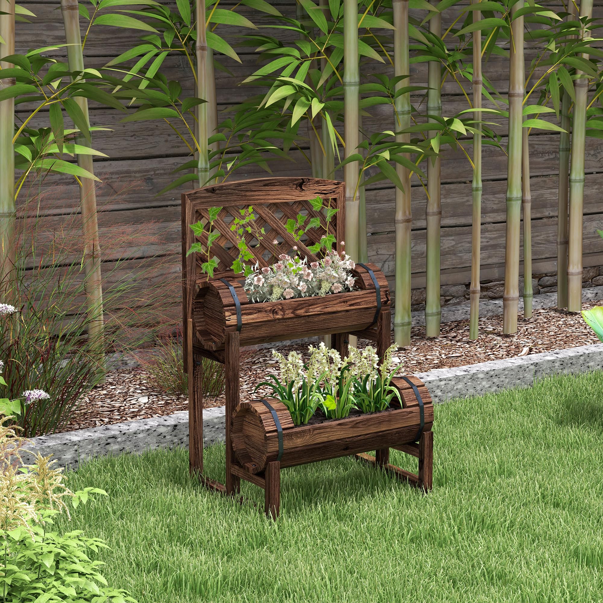 Outsunny - Jardinera sobre patas elevadas (42 x 49 x 80 cm), color marrón | con celosía cuadrada, 2 niveles, cama de jardín elevada, para terraza, balcón, jardín