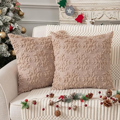 UGASA - Juego de 2 fundas de almohada navideñas de 20 x 20 pulgadas, suaves, de piel sintética, copos de nieve, decorativas, lujosas, jacquard,