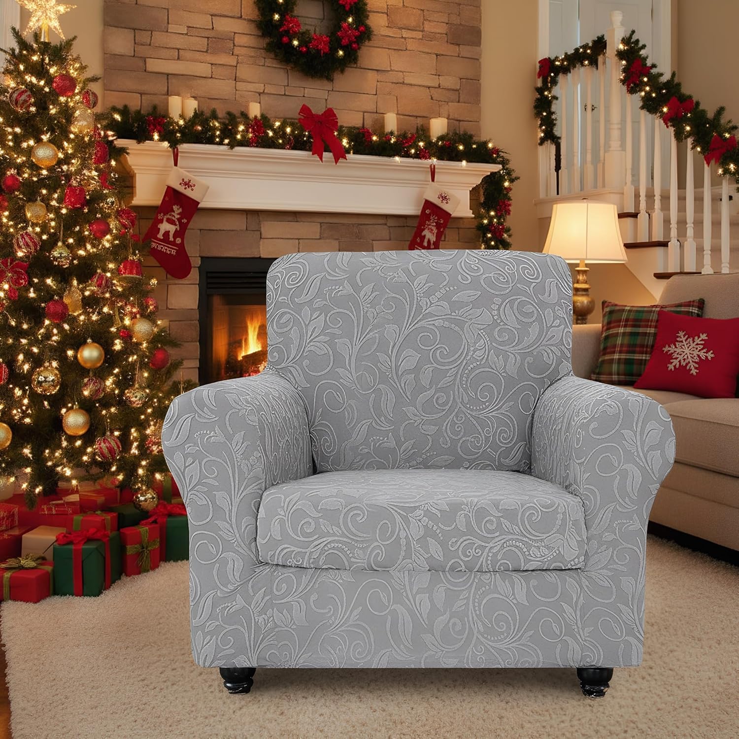 Stretch Chair Couch Cover,2 Piece Armchair Cover Spandex Jacquard Fabric Sofa Covers with Elastic Bottom,Washable Furniture Protector for Dogs,Cats,Kids (Light Gray)