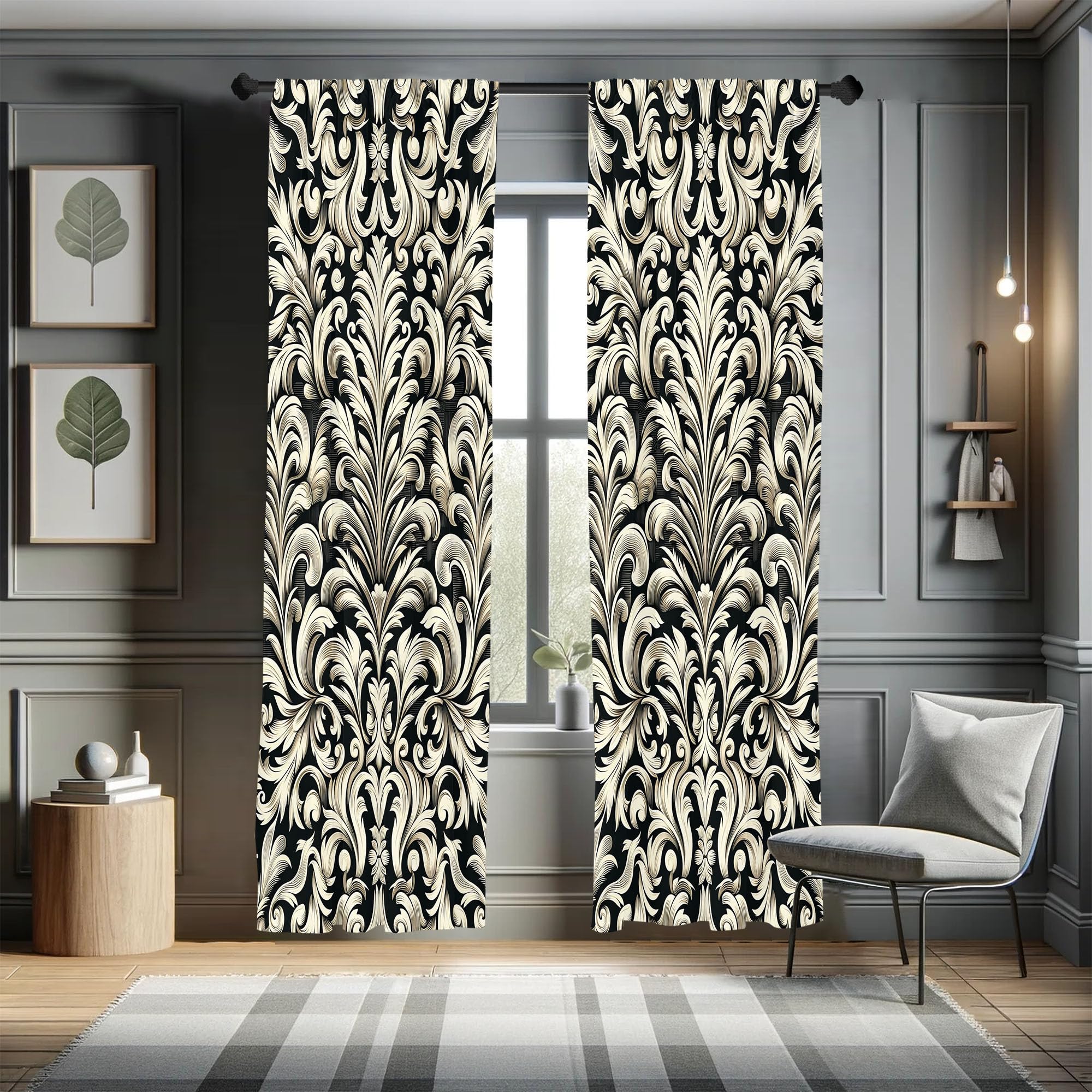 Ambesonne Leafy Art Curtains, Ivory Tone Curlicue Leaves of Victorian on Beige Tone Back Monochrome, Window Treatments 2 Panel Set for Living Room