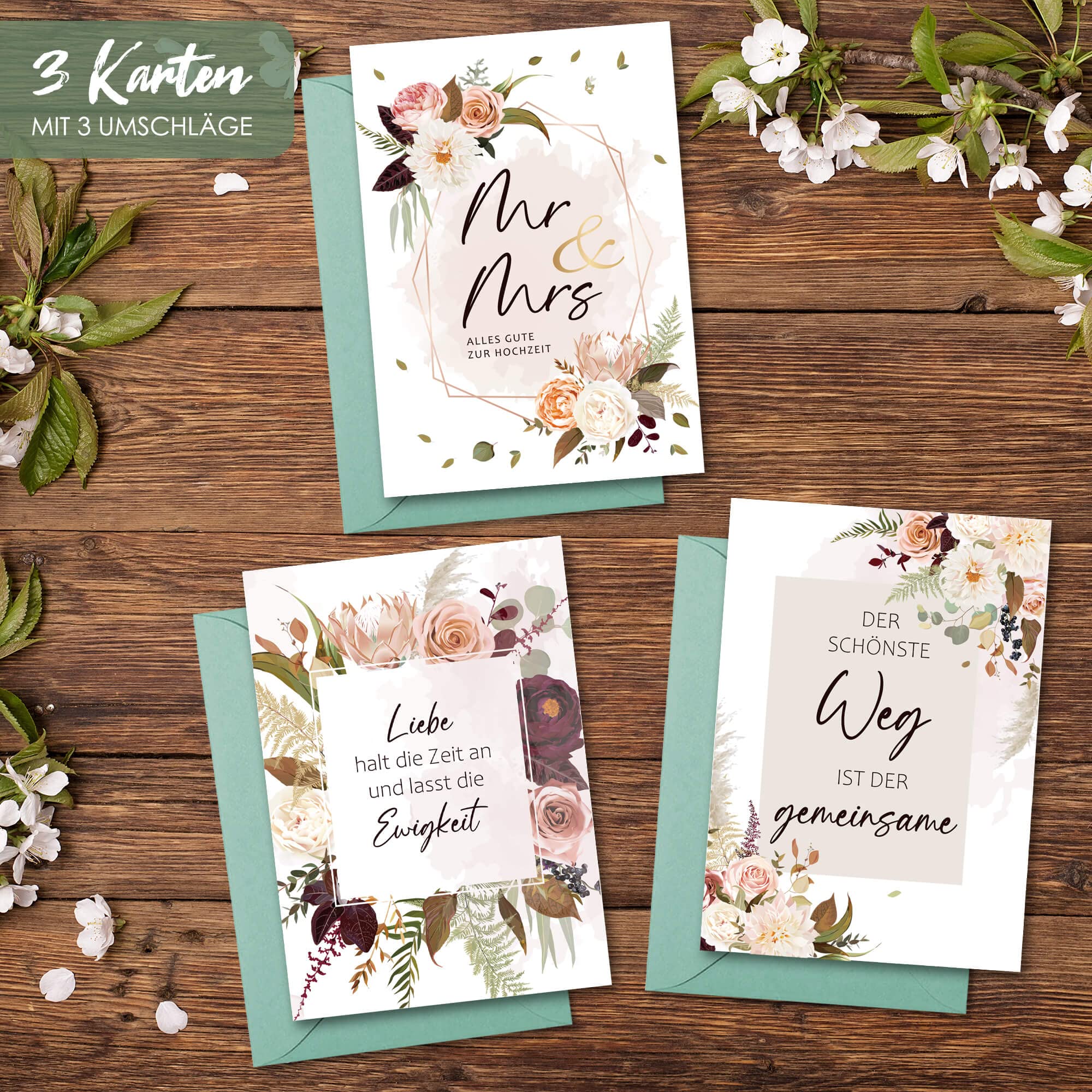 BIROYAL Wedding Card Set of 3, rose, 105 x 148 mm - Image 2