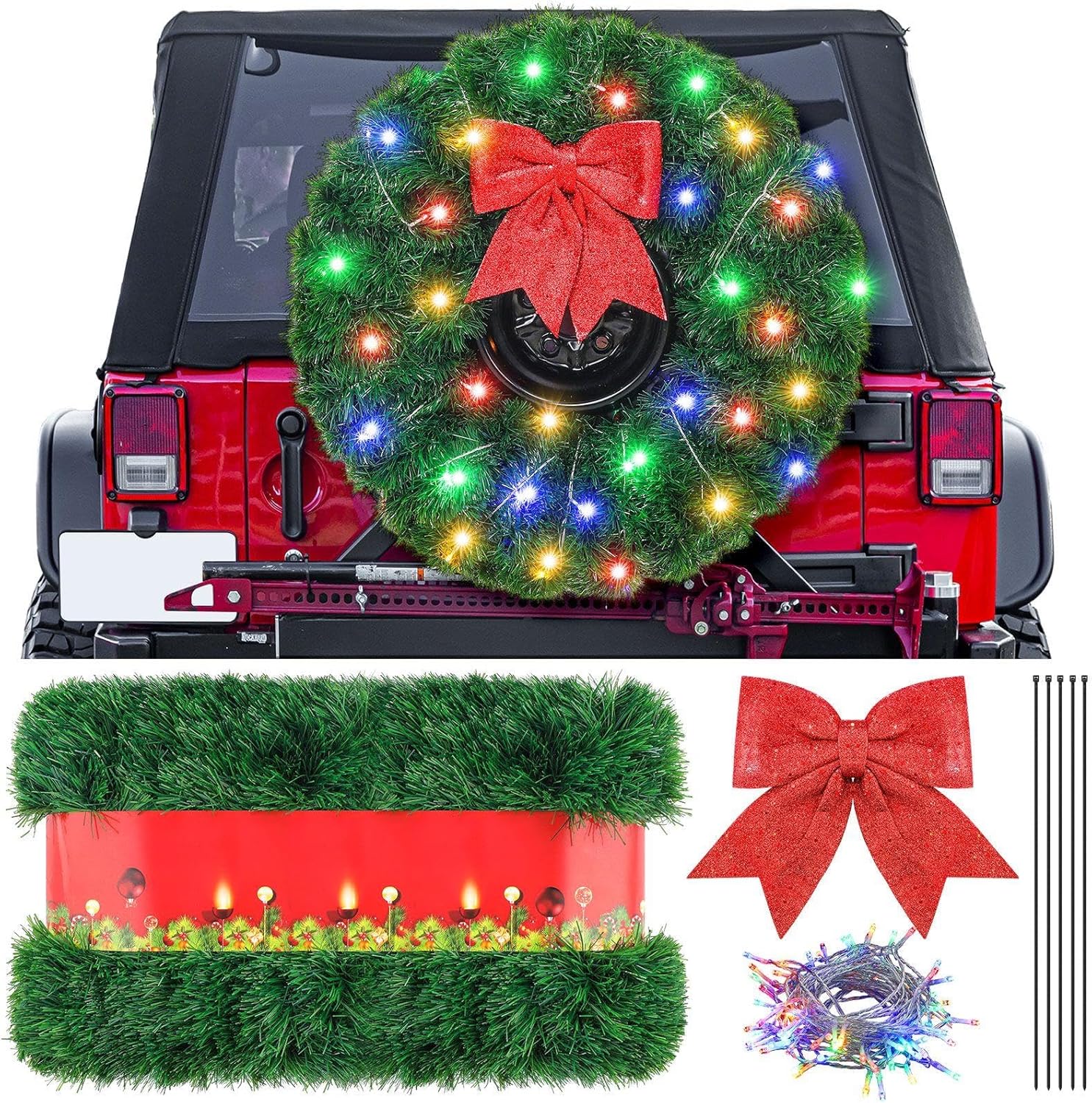 Christmas Car Wreath Spare Tire Decoration LED Spare Tire Cover DIY Kit Include 150ft Tinsel Green Garland Large Red Bow 80 LED String Lights for Truck SUV Holiday Outdoor Decor(Luxury Set)