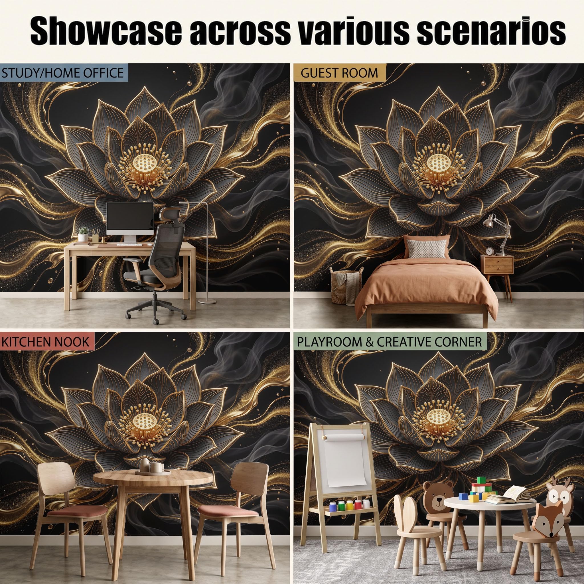 Papier Peint Panoramique 350X256Cm Relief De Lotus Doré En 3D | Noir Papier Peint Intissé Tapisserie Poster Décoration Murale Pour Salon Chambre - Plante De Luxe Ciel Étoilé