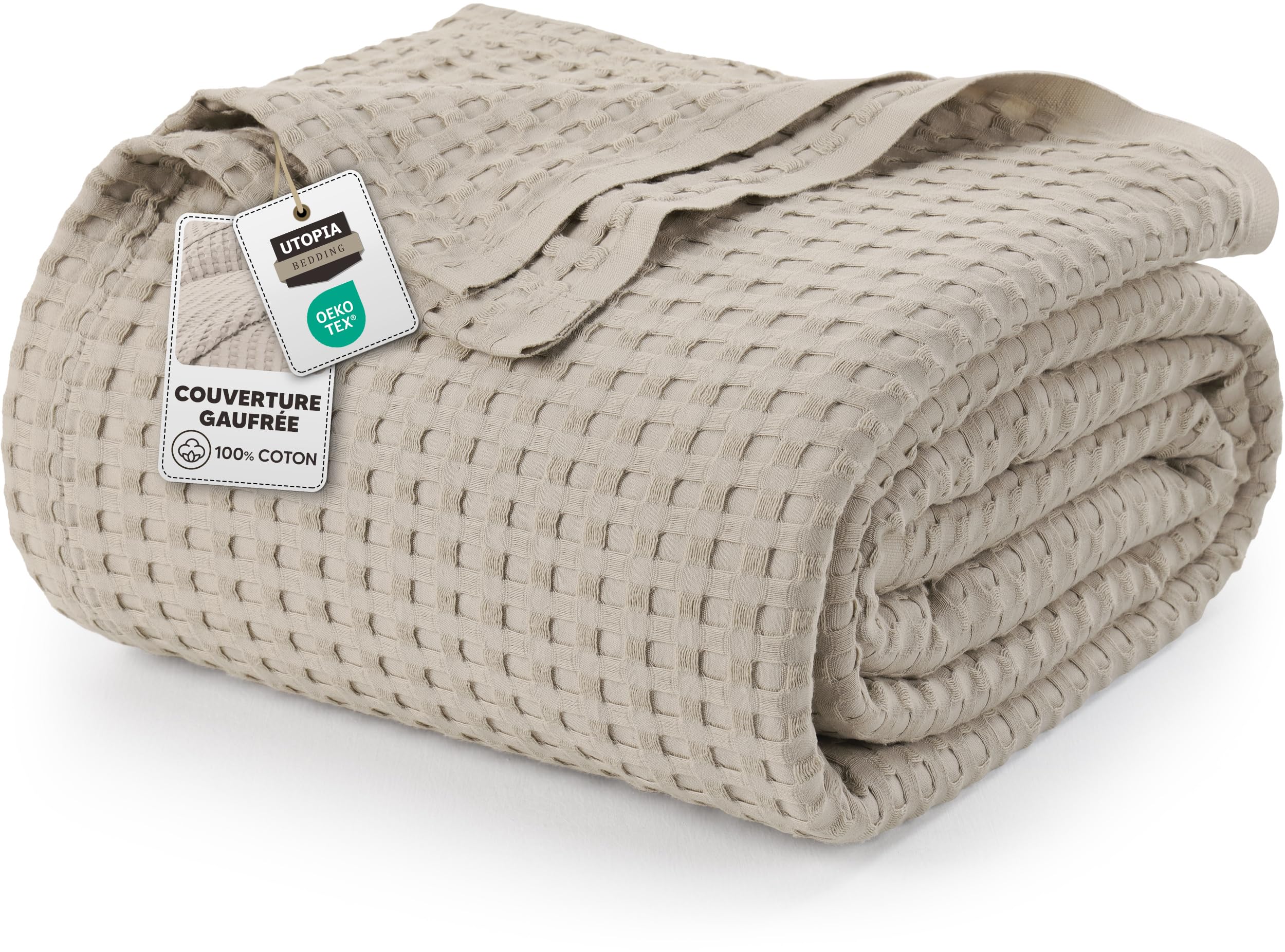 Utopia Bedding Couverture gaufrée en Coton 300 GSM (Kaki - 228 x 228 cm), Couette Douce, légère et Respirante pour Toutes Les Saisons