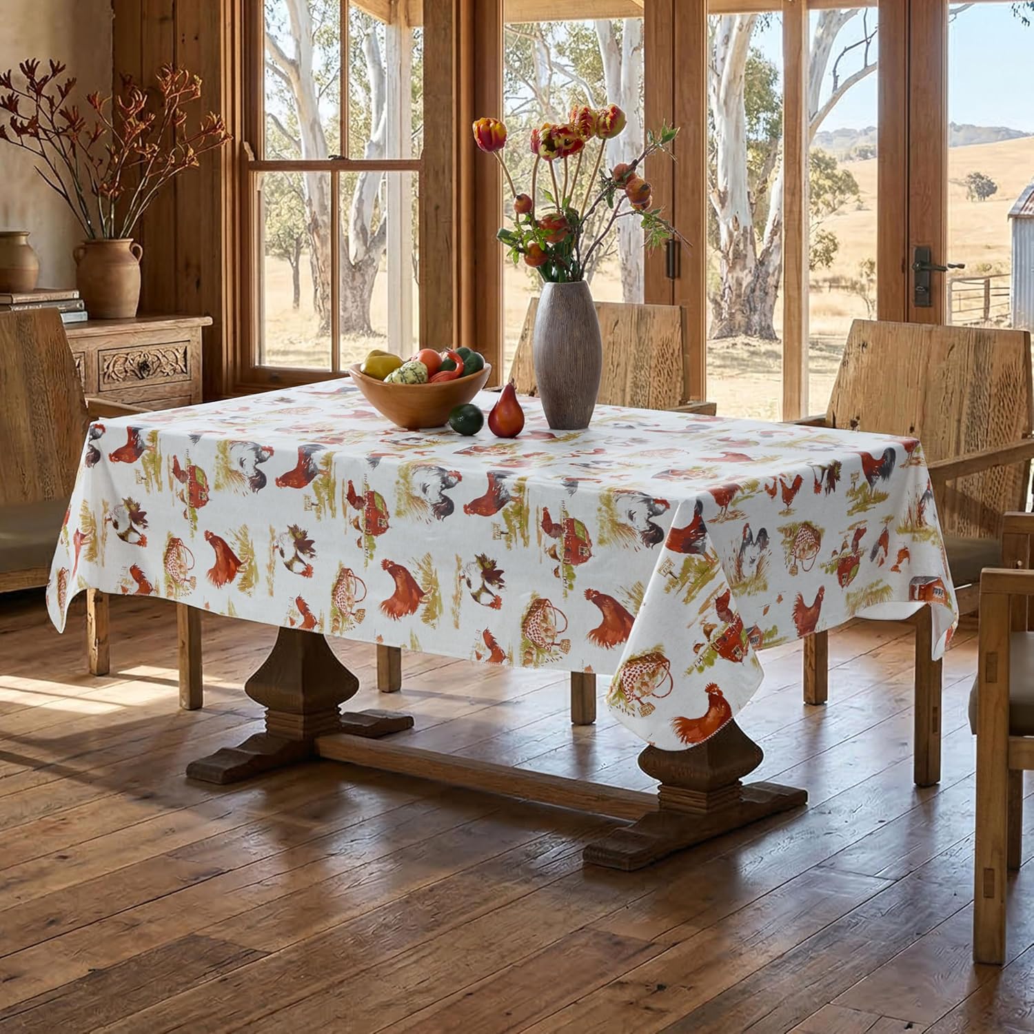 Newbridge Rooster Farm Vinyl Tablecloth with Flannel Backing, 60 x 120 Inch Rectangle, Rustic Country Rooster & Farm Scene Print, Easy Care Wipe Clean Indoor Outdoor Table Cover