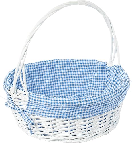 Miniatura 17 de Cesta de regalo tradicional de sauce redondo blanco con forro de guinga azul y blanco y asas plegables resistentes, cesta de almacenamiento de