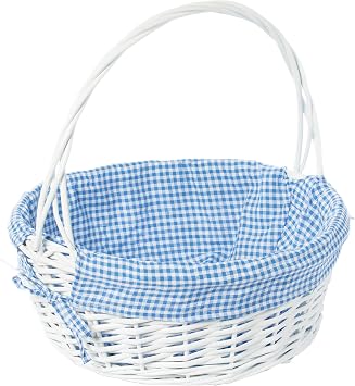 White Round Willow Basket with Handles, Large Wicker Gift Basket Tote, Blue & White Gingham Liner, Foraging or Picnic Basket