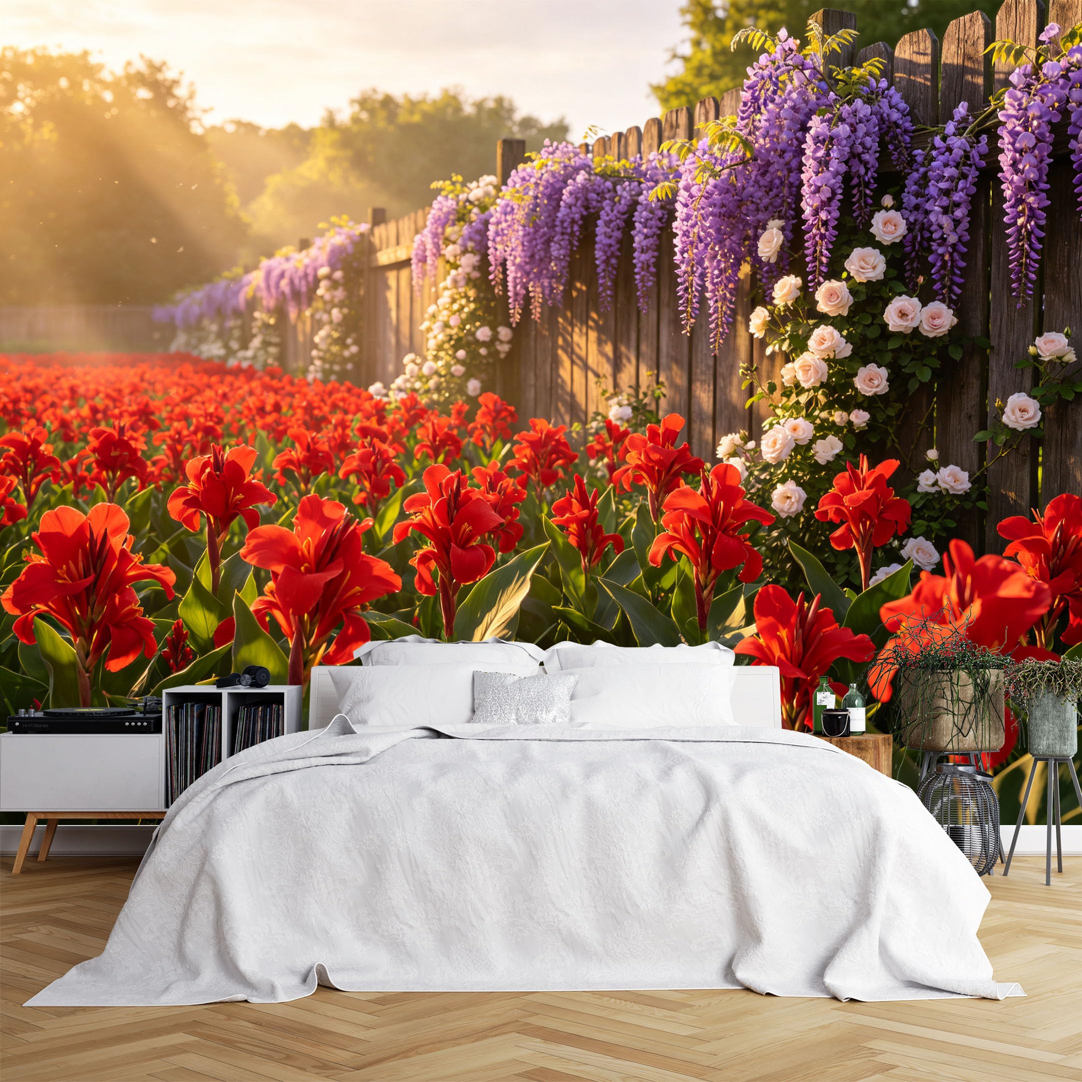 Lcythiazole Ch260615132 Custom Size Wall Murals Canna Wisteria Rose Fence Sunset Garden Wall Murals Realistic Floral Wallpaper Wall Stickers Self-Adhesive Removable Wallpaper For Entryway