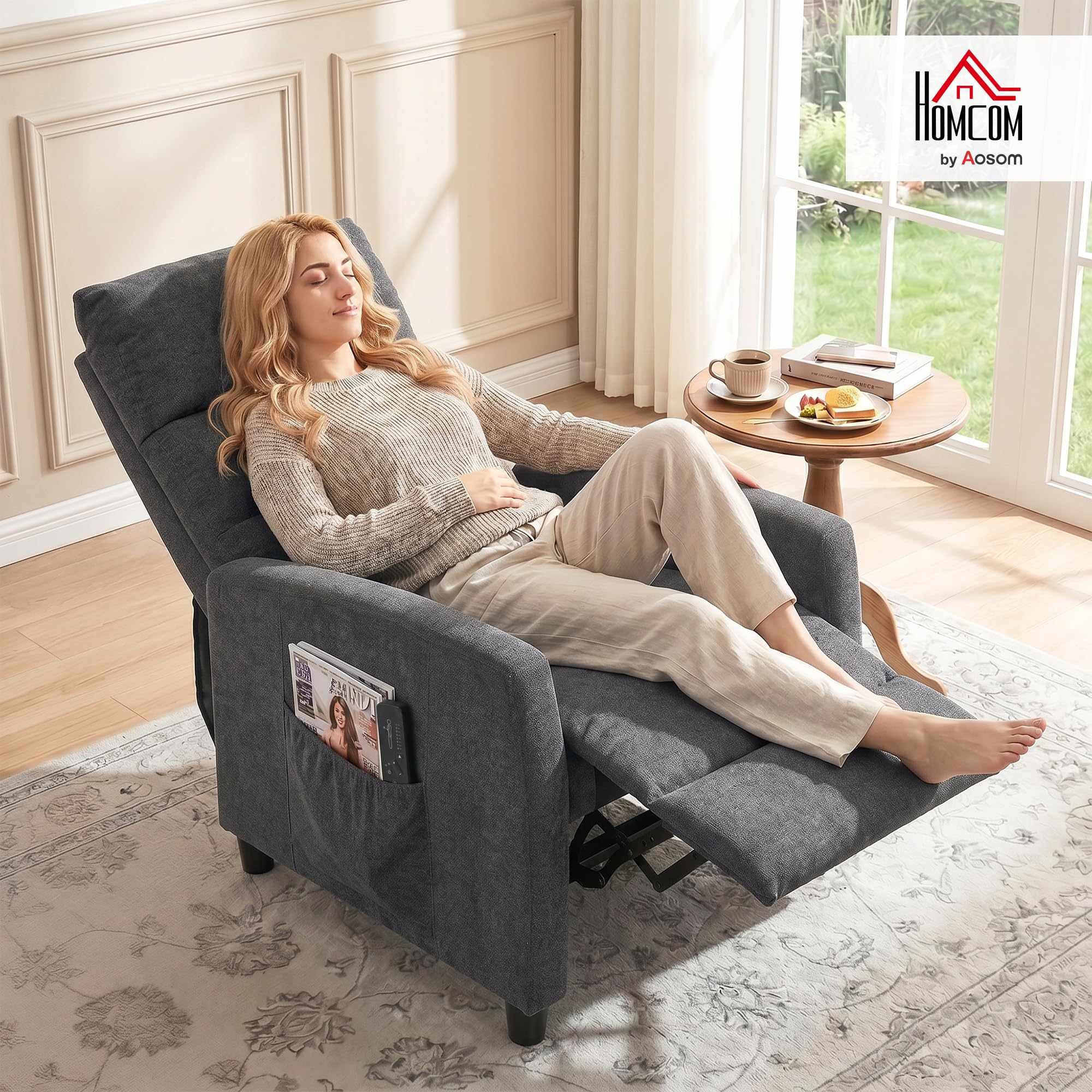 HOMCOM Sillón de Masaje, Sillón Relax Reclinable 160° con Mando a Distancia, Reposapiés, 2 Zonas de Masaje, Respaldo Alto, Asiento de Muelles, Bolsillos, Tapizado en Chenilla, 66x91x108 cm Gris Oscuro