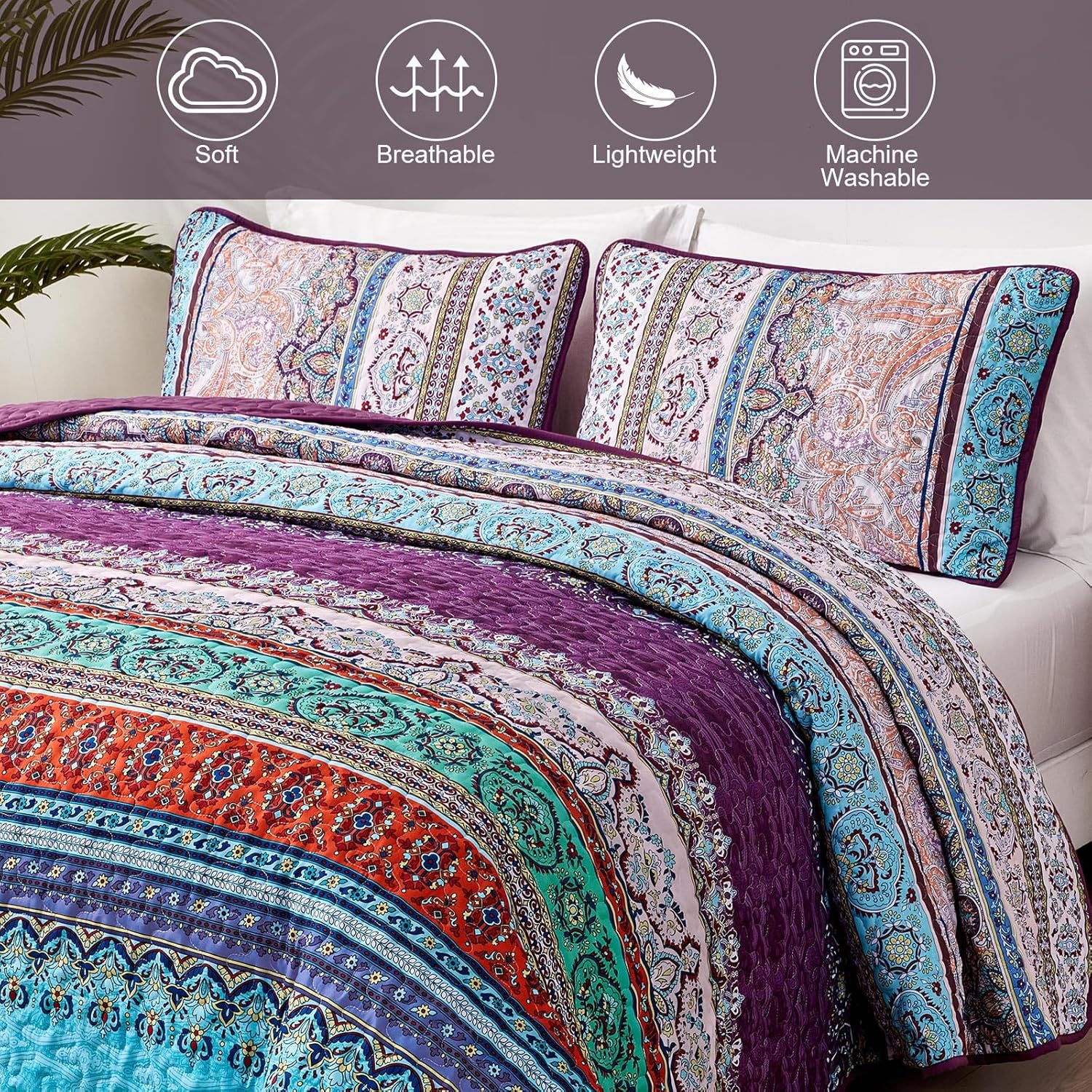 WONGS BEDDING Purple Quilt Set Queen Size, Bohemian Stripe 3 Pieces Bedspread Quilts Set Boho Lightweight Microfiber All Season Bedding Coverlet Set for Queen Bed (96"x90") - Image 5