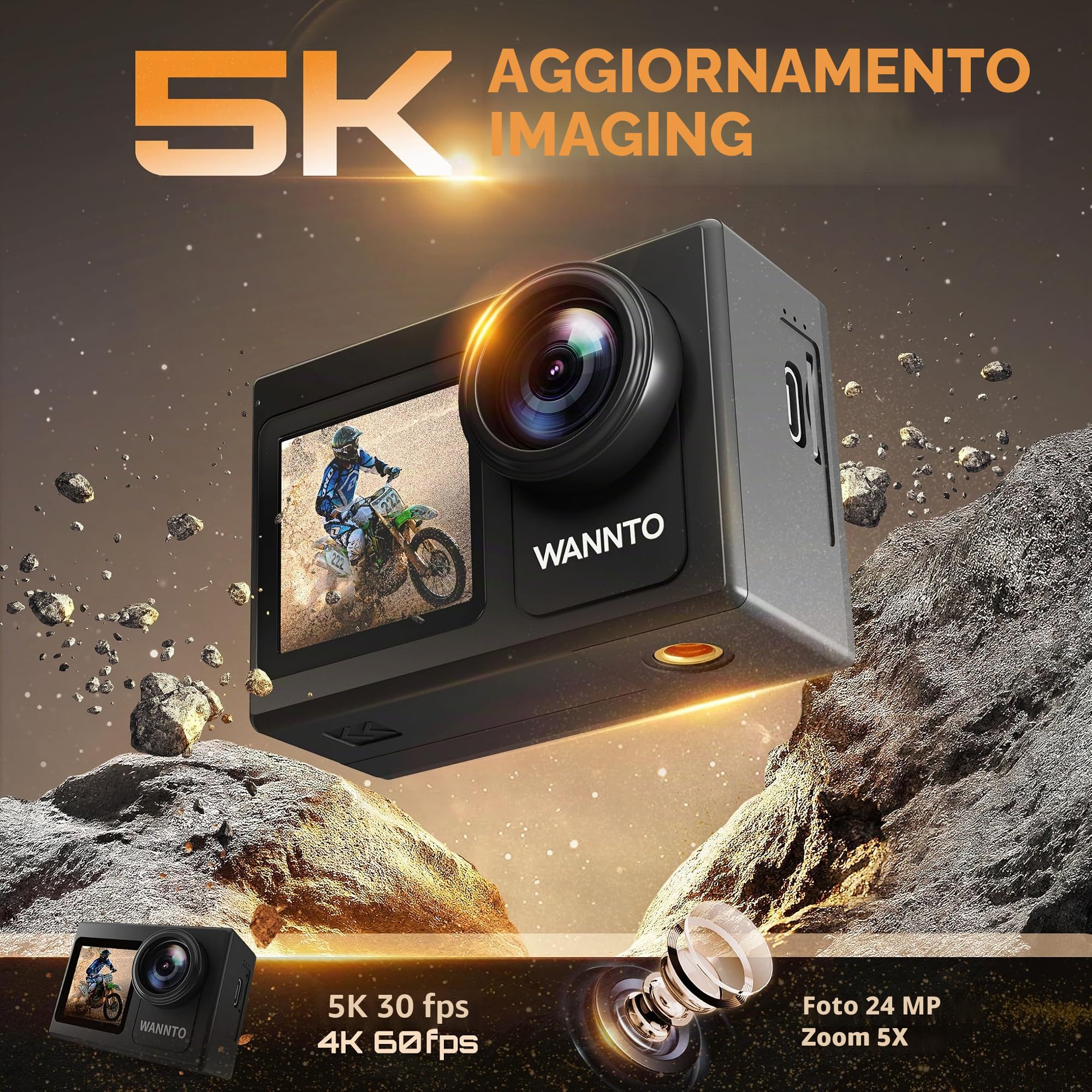 Action Cam 5K 24MP Motion 5 Pro 40M fotocamera subacquea Ultra HD Touch screen 170° grandangolo, stabilizzazione ghiaccio con microfono esterno 64GB scheda di memoria U3