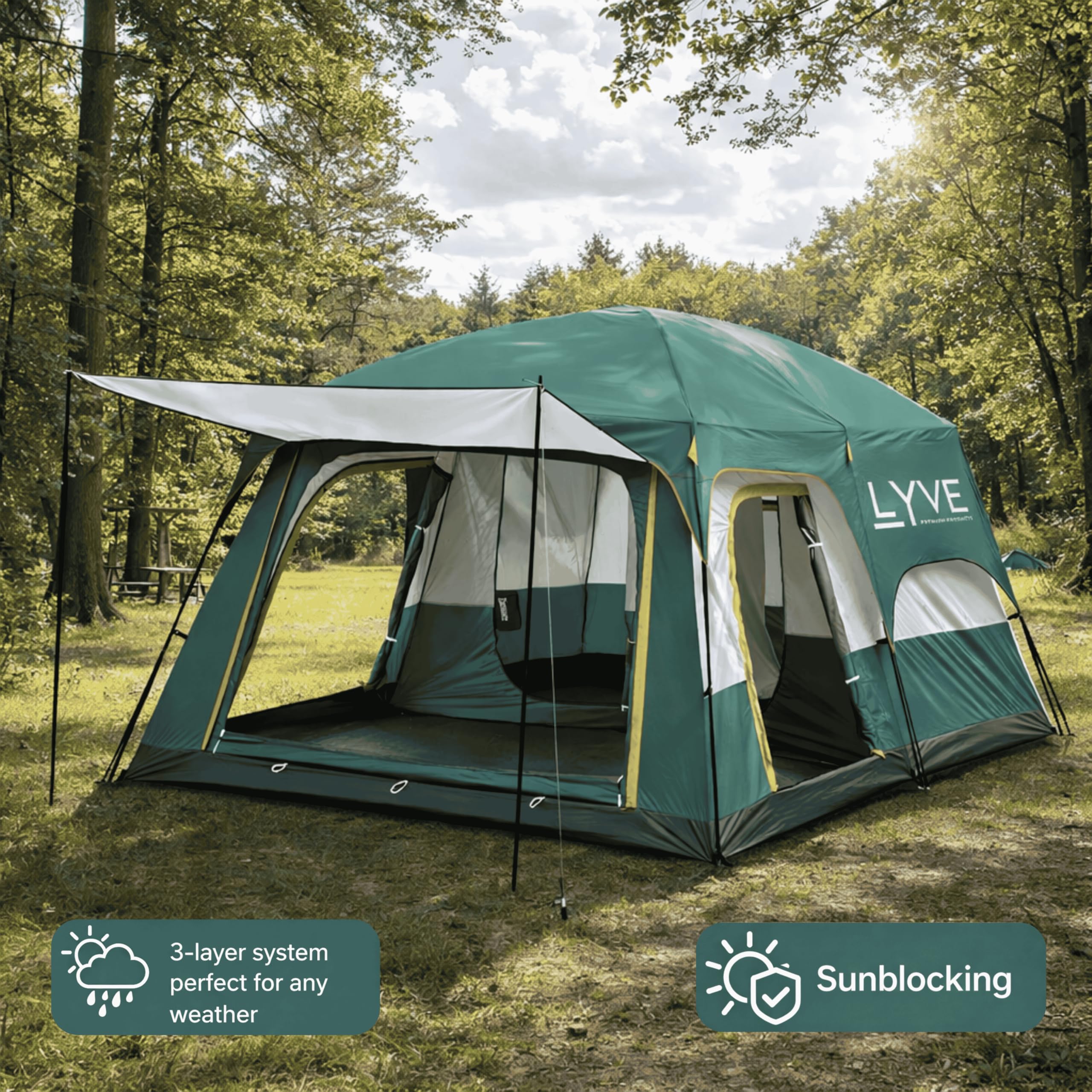 Lyve Familienzelt XL – Wasserdichtes Campingzelt mit 2 bis 3 Schlafkabinen – Deep Sleep Verdunkelung – 8000 mm Wassersäule – 4/6 / 8 Personen – Grün