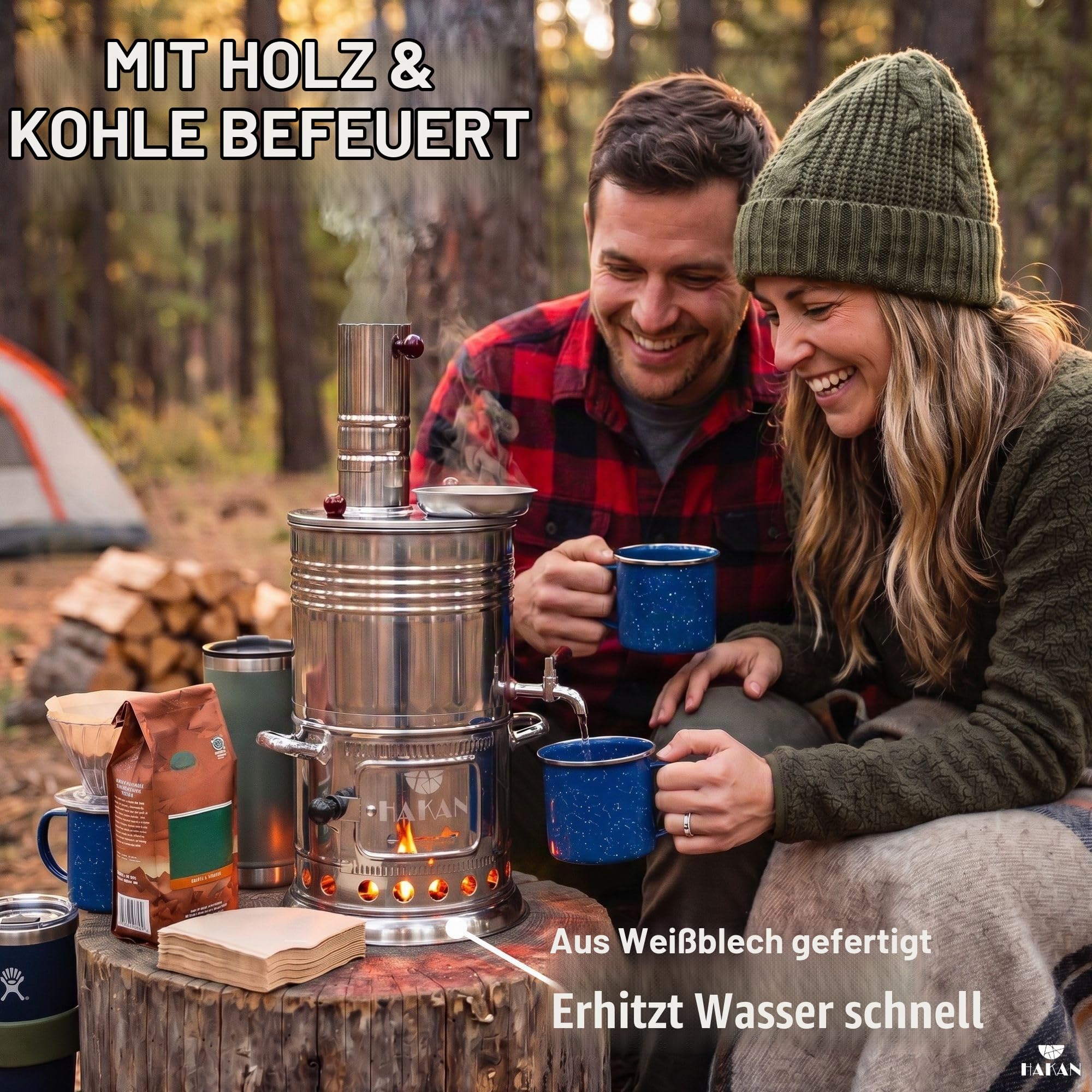 Hakan Tragbarer türkischer Samowar-Teekessel, Camping-Wasserkocher, Teekanne, Holz, Kohlen befeuerte Semaver-Teekanne, Warmwasserbereiter für Camping, Picknick, Jagd, Outdoor-Aktivitäten, schwarze