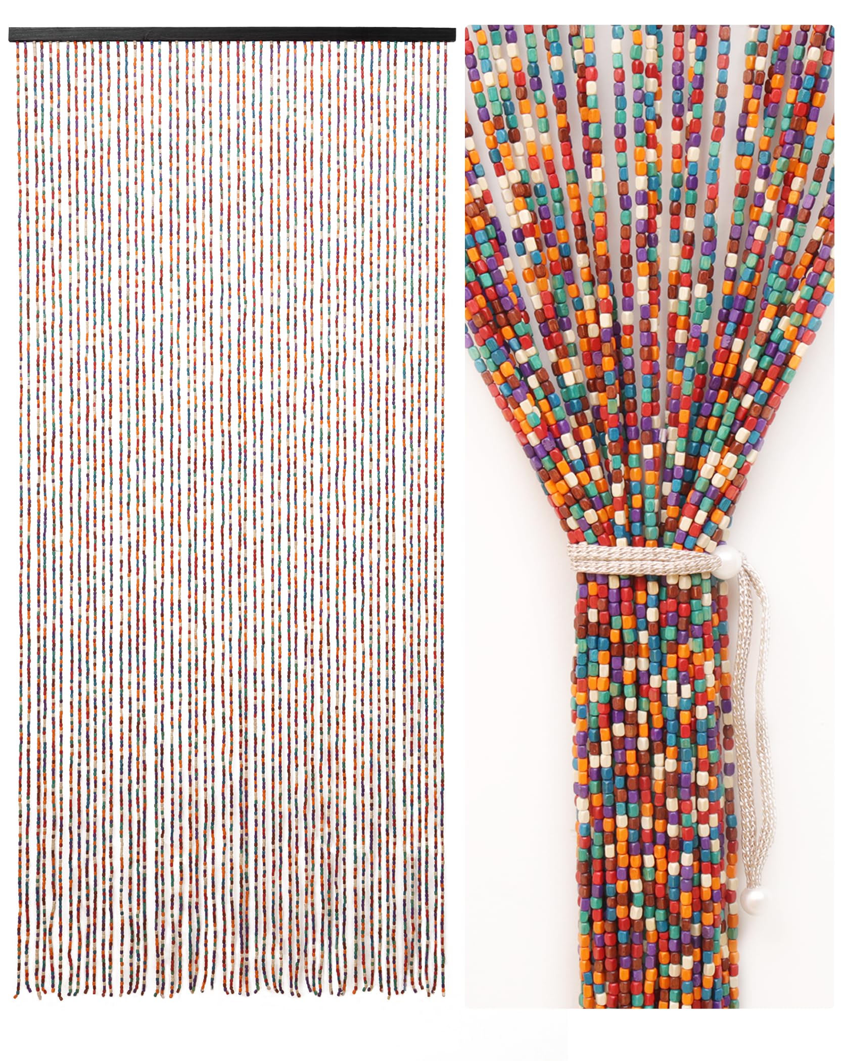 90 x 190 cm, tenda per porte con perline, decorazione e protezione dagli insetti, 52 fili, stile bohémien, in bambù e perline di legno, per finestre/camere, arcobaleno, multicolore