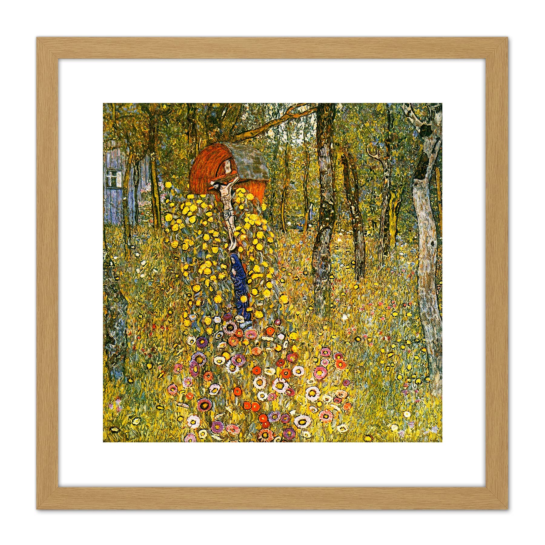 Artery8 Gustav Klimt Wayside Shrine Crucifix Farm Garden 9X9 Inch Square Wooden Framed Wall Art Print Picture with Mount