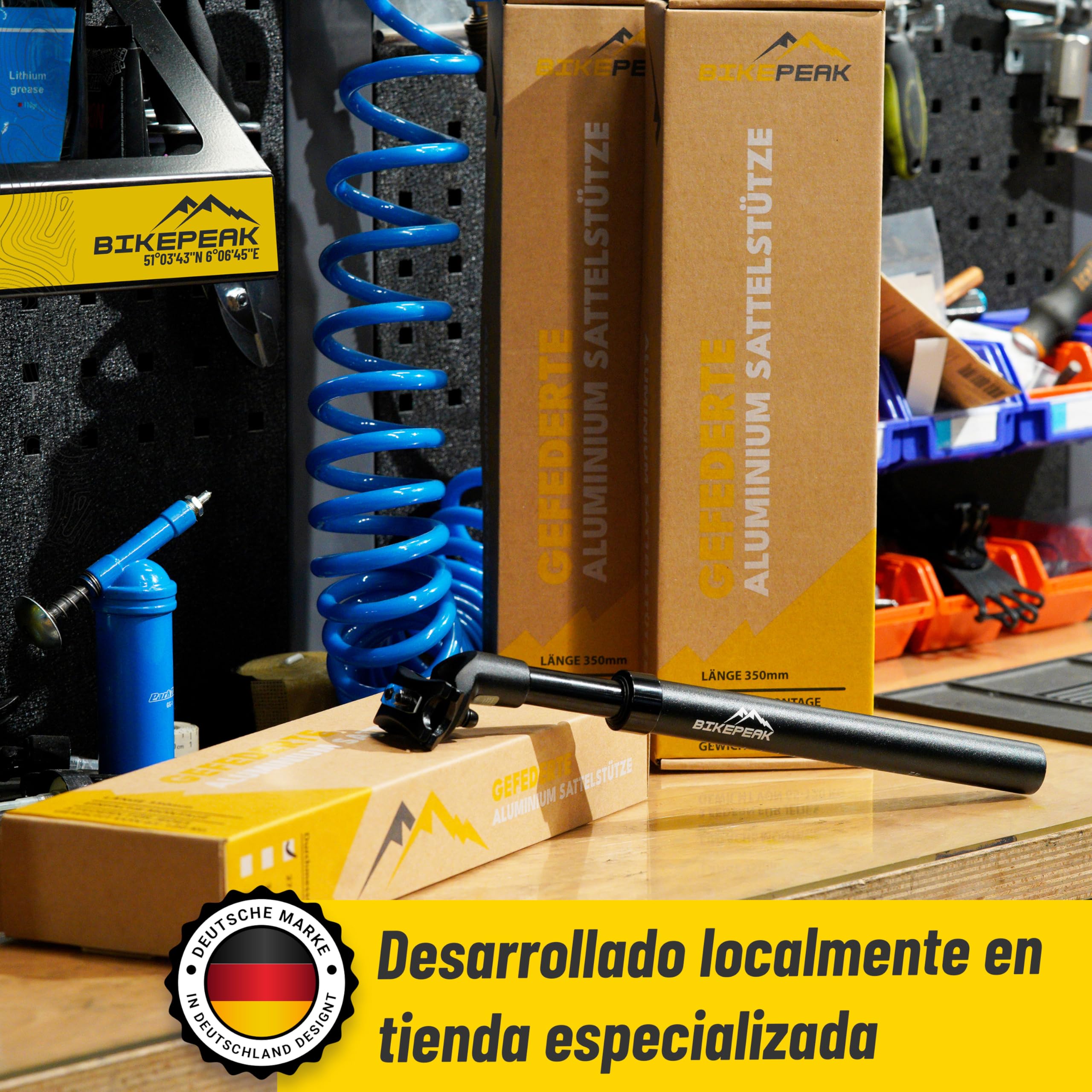 Tija de Sillín Amortiguada Ø 30,9 mm - Amortiguador suspensión de Sillín para Aliviar la Columna Vertebral - Incluye 4 Resortes para Tija de Sillín, Adecuada para Pesos de 65 kg a 120 kg