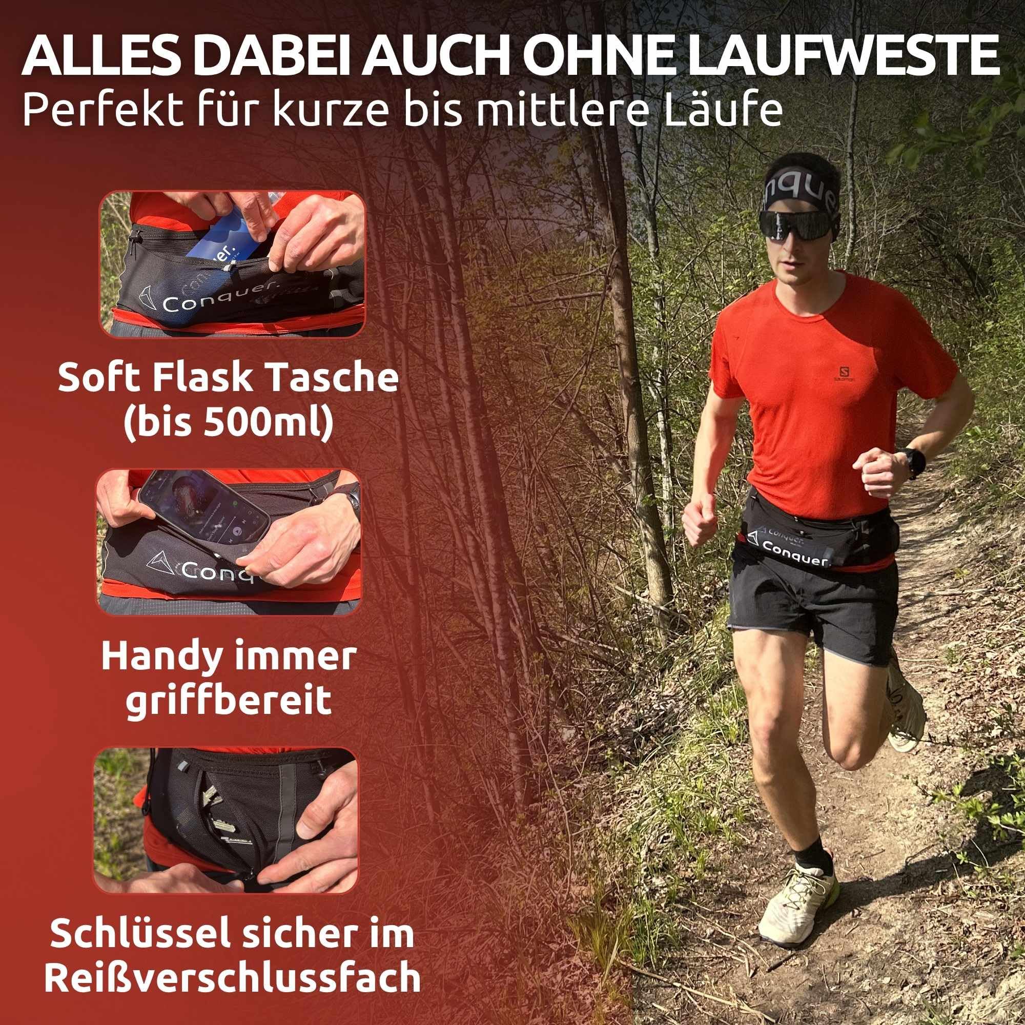 Conquer Laufgürtel Damen & Herren – Running Belt & Trinkgürtel Joggen mit Handy-Fach | Verstellbarer Laufgurt für Trinkflasche, ohne Schnalle – Kein Wackeln, kein Reinzwängen