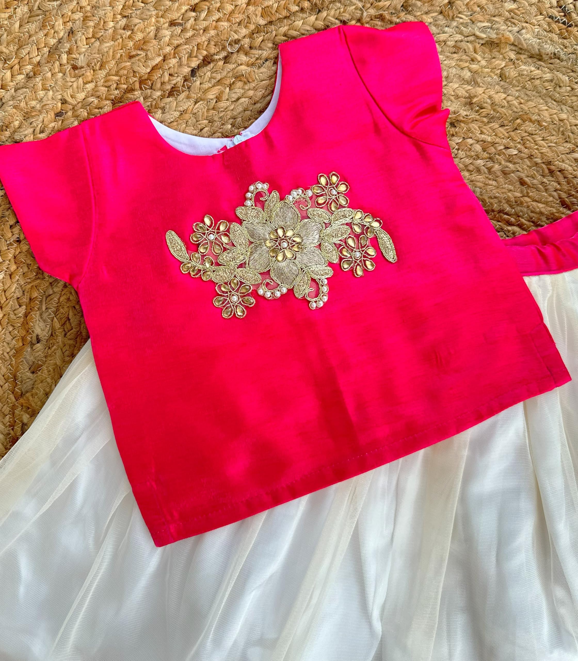 Stanwells Kids Onam Dress for Baby Girls Cotton Silk Pattu Pavadai Lehenga Choli Set Traditional South Indian Ethnic Wear Rani Pink and Cream 6β12 Months 1