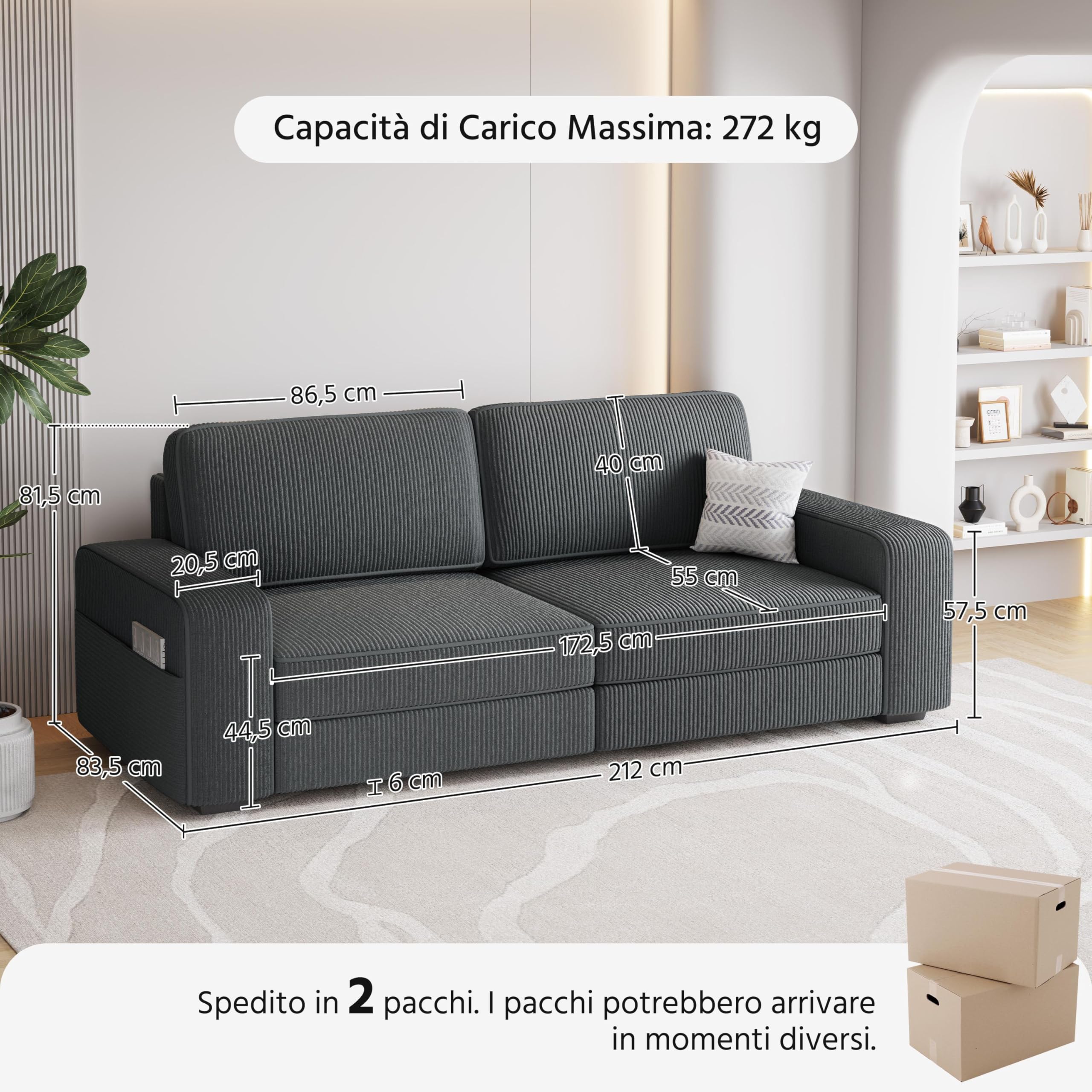 Yaheetech Divano a 2 Posti Divanetto Imbottito con Tasche Laterali | Sofa con Braccioli e Schienale per Salotto Soggiorno 212 × 81.5 × 83.5 cm Grigio/Velluto