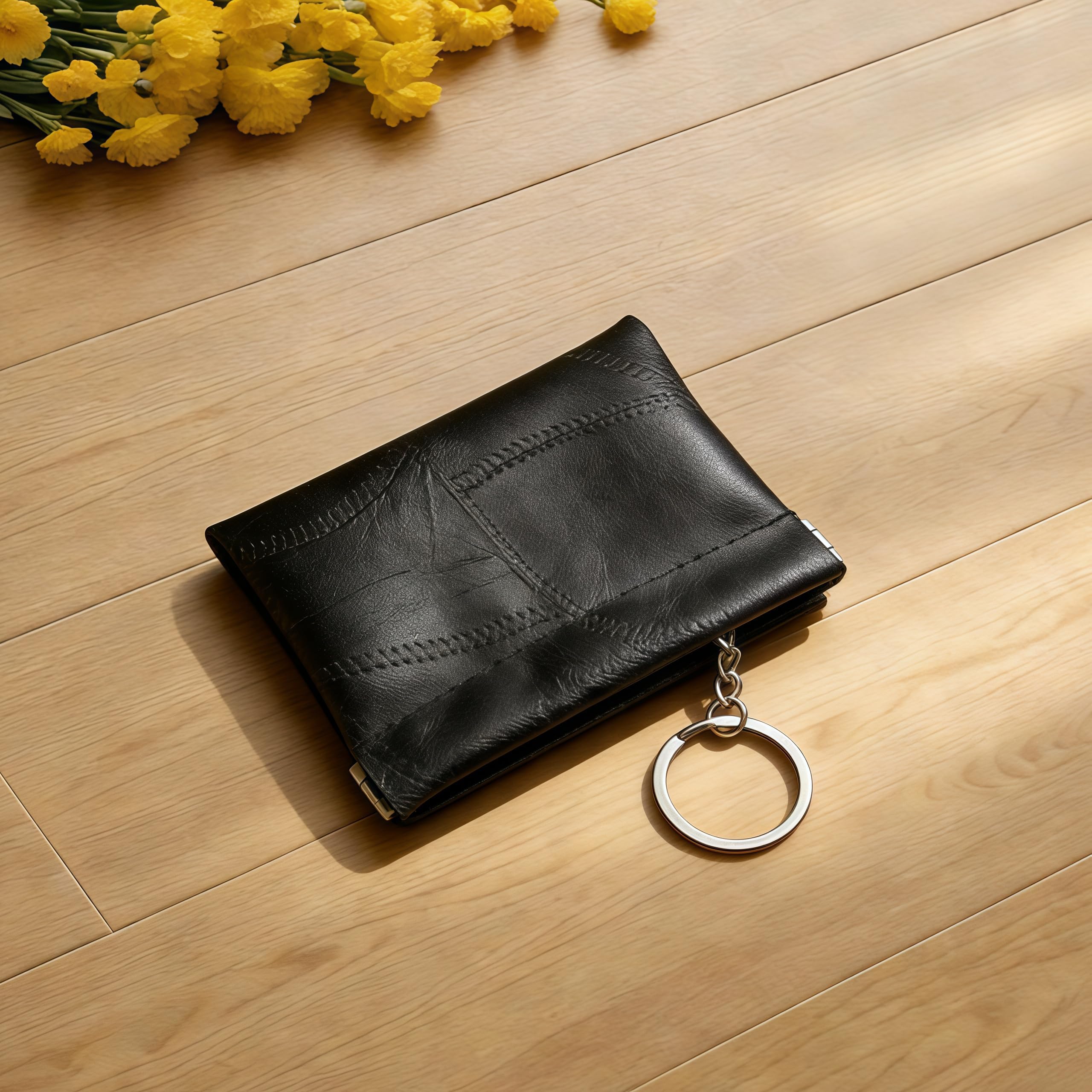 Leather Squeeze Coin Purse, Flat Slim Large Capacity Key Wallet with Metal Ring, Multi-Function Key Organizer for Men and Women, Everyday Carry for Travel and Car Owners, Black, Minimalist