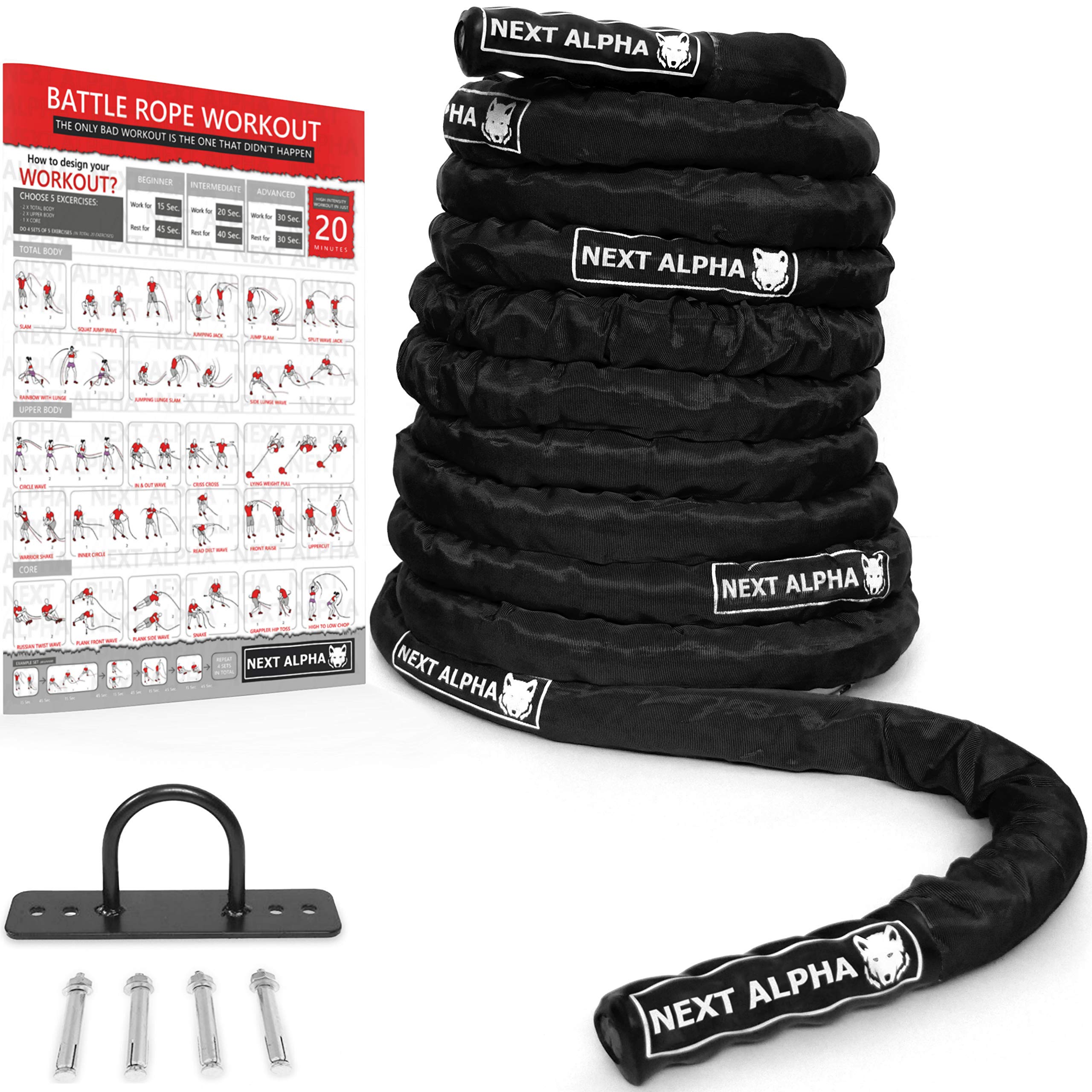 Battle Rope - Corda da Allenamento - 38mm/50mm, 9m/12m/15m - Fascette di Protezione - Ancoraggio a Muro - Workout Instruction Poster