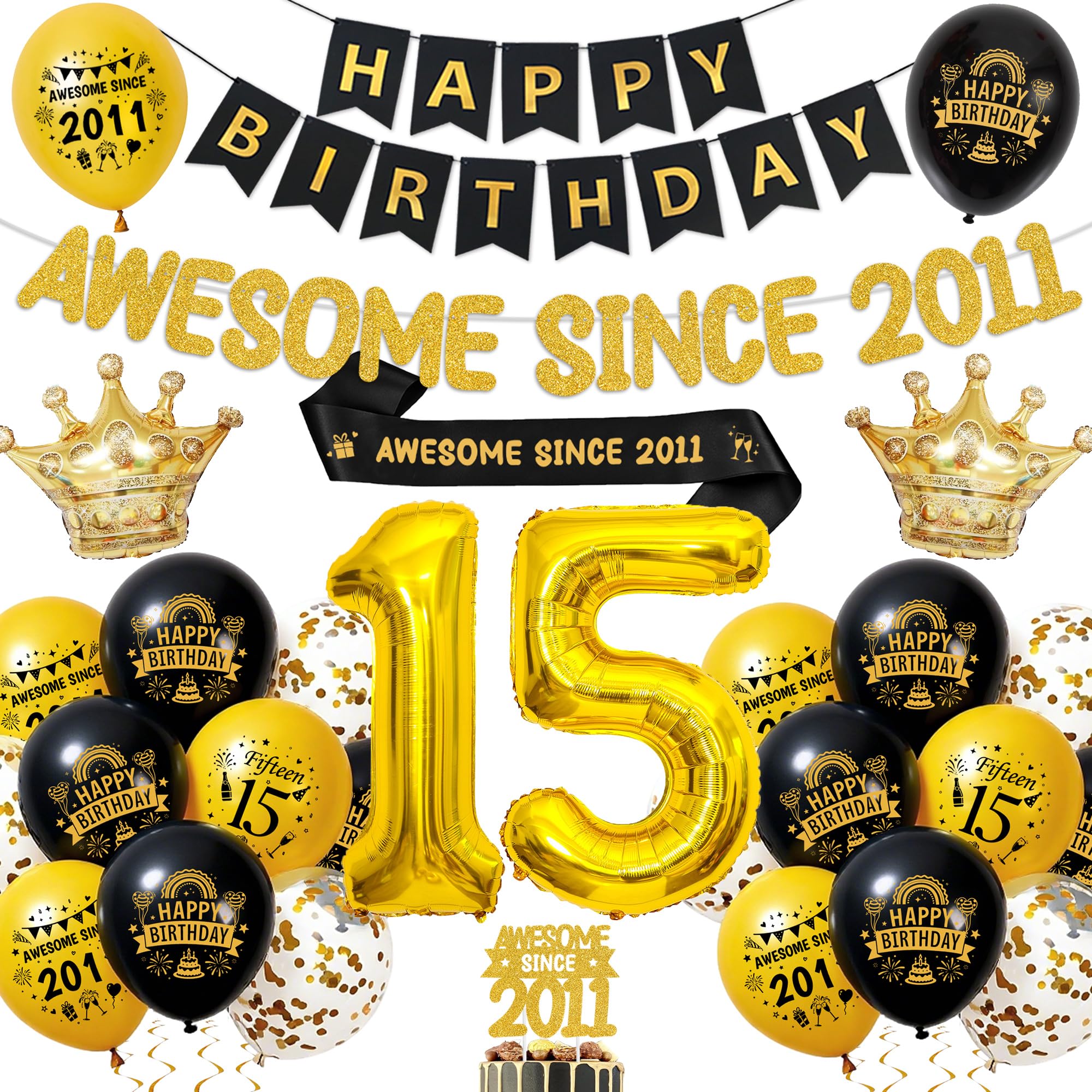 15th Birthday Decorations Black Gold, Party Supplies for Boys and Girls