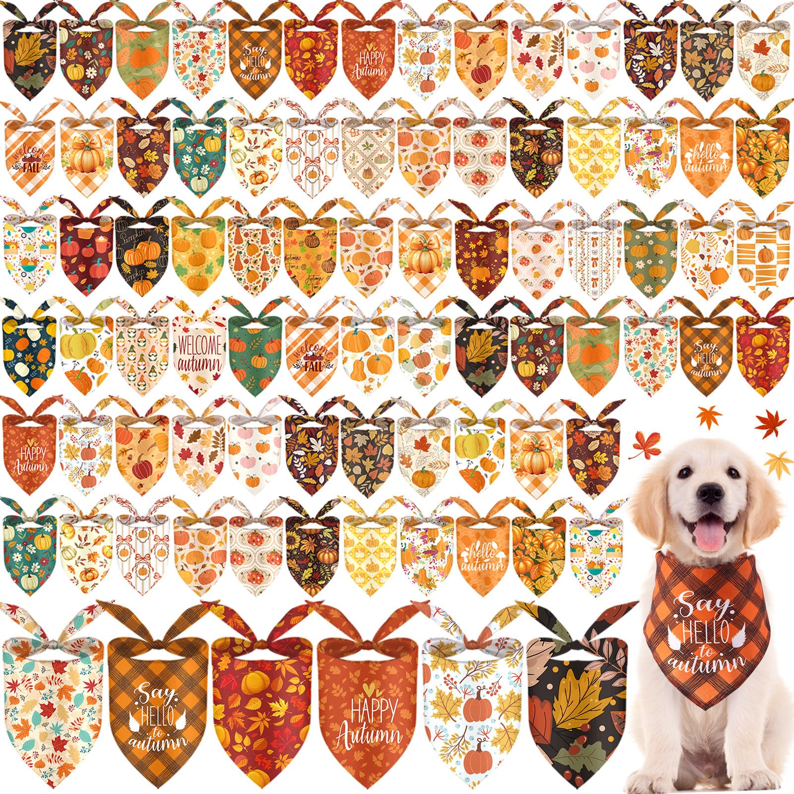 Herbst-Hundehalstücher, Herbst-Kostüm, Kürbis-Ahornblätter, Hunde-Outfit, Urlaub, waschbarer Schal, Dreieckstuch, Halstuch, Welpen, Blumen-Lätzchen für Mädchen und Jungen (Einheitsgröße, 100 Stück)