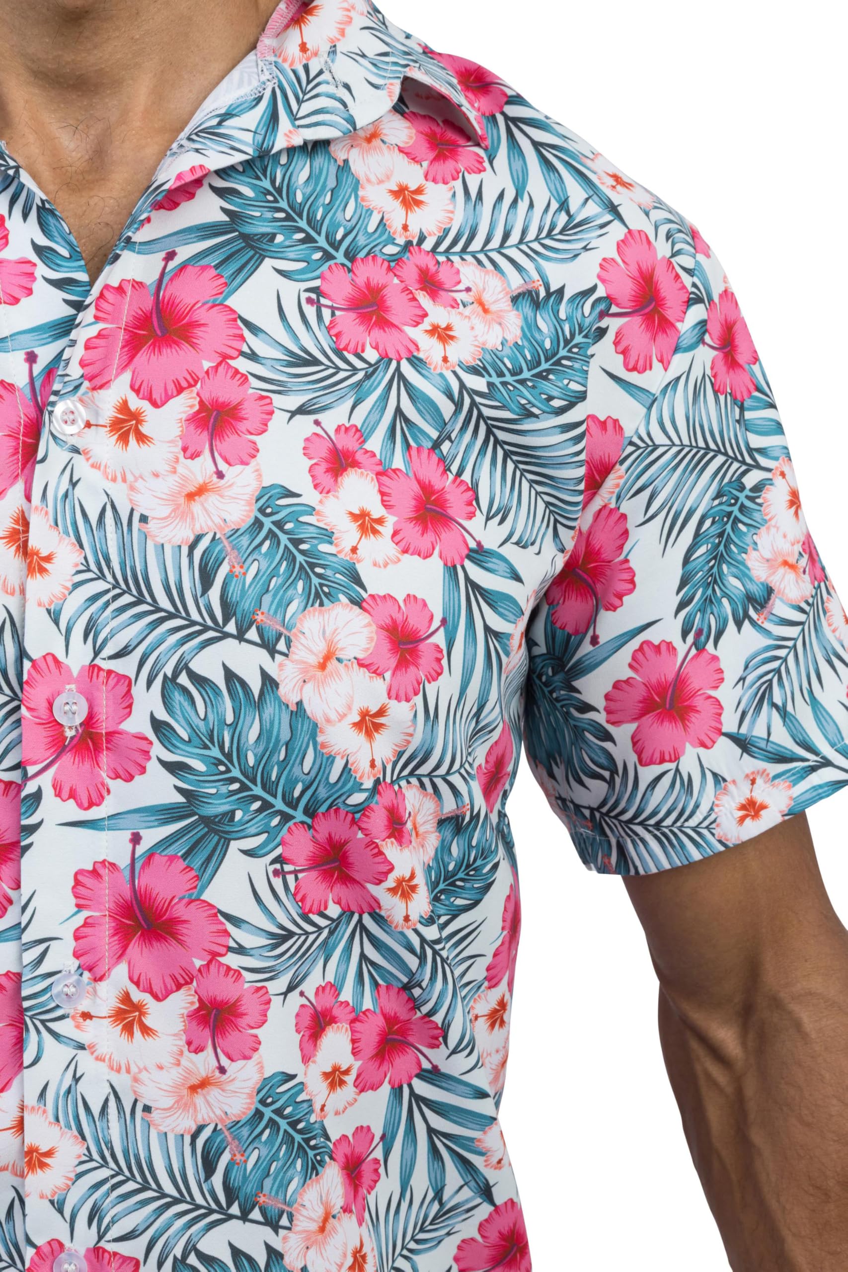 Chaks - Camicia hawaiana da uomo con motivo ibisco in rosa brillante, camicia estiva a maniche corte per feste, festival, vacanze e moda mare