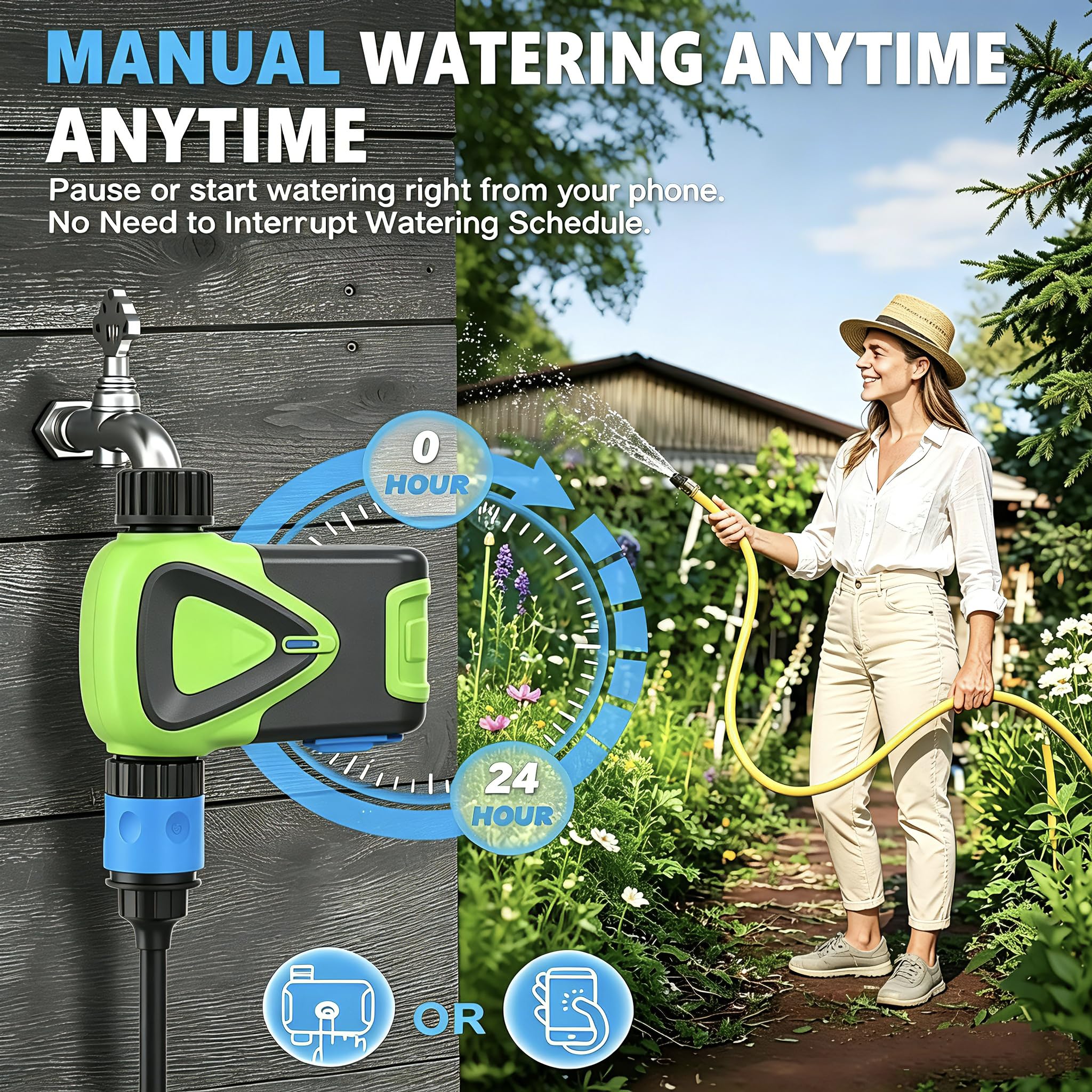 Regolatore di irrigazione per tubo da giardino, timer dell'acqua controllato da app, con ritardo della pioggia, irrigazione automatica e manuale, sistema di irrigazione esterno impermeabile, nero con