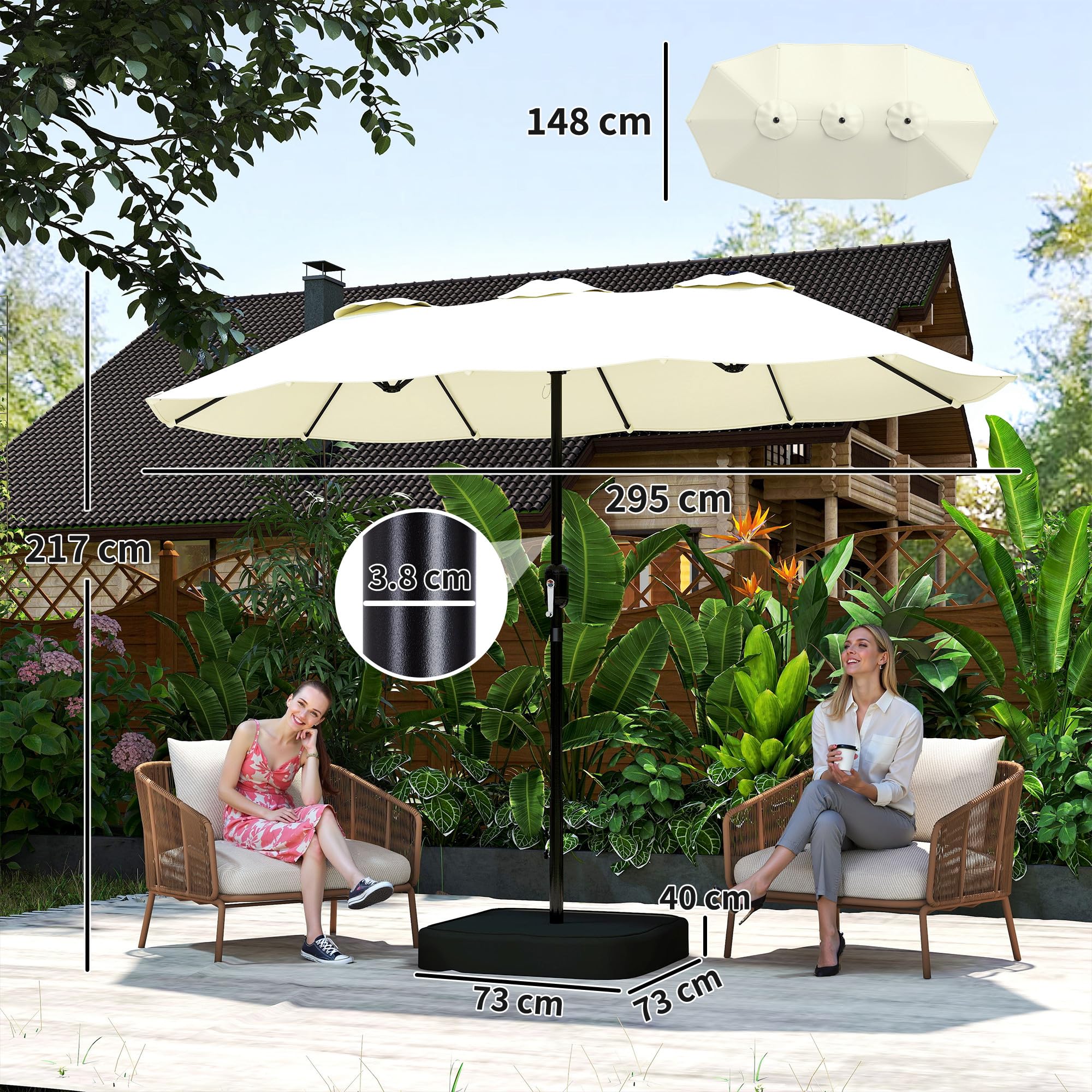 Outsunny Ombrellone Doppio da Giardino 3x1.5 m con Base a Croce, Sacchi di Sabbia, Ombrellone da Esterno Rettangolare con Manovella, 12 Stecche, UV 50+, per Patio Terrazzo Balcone
