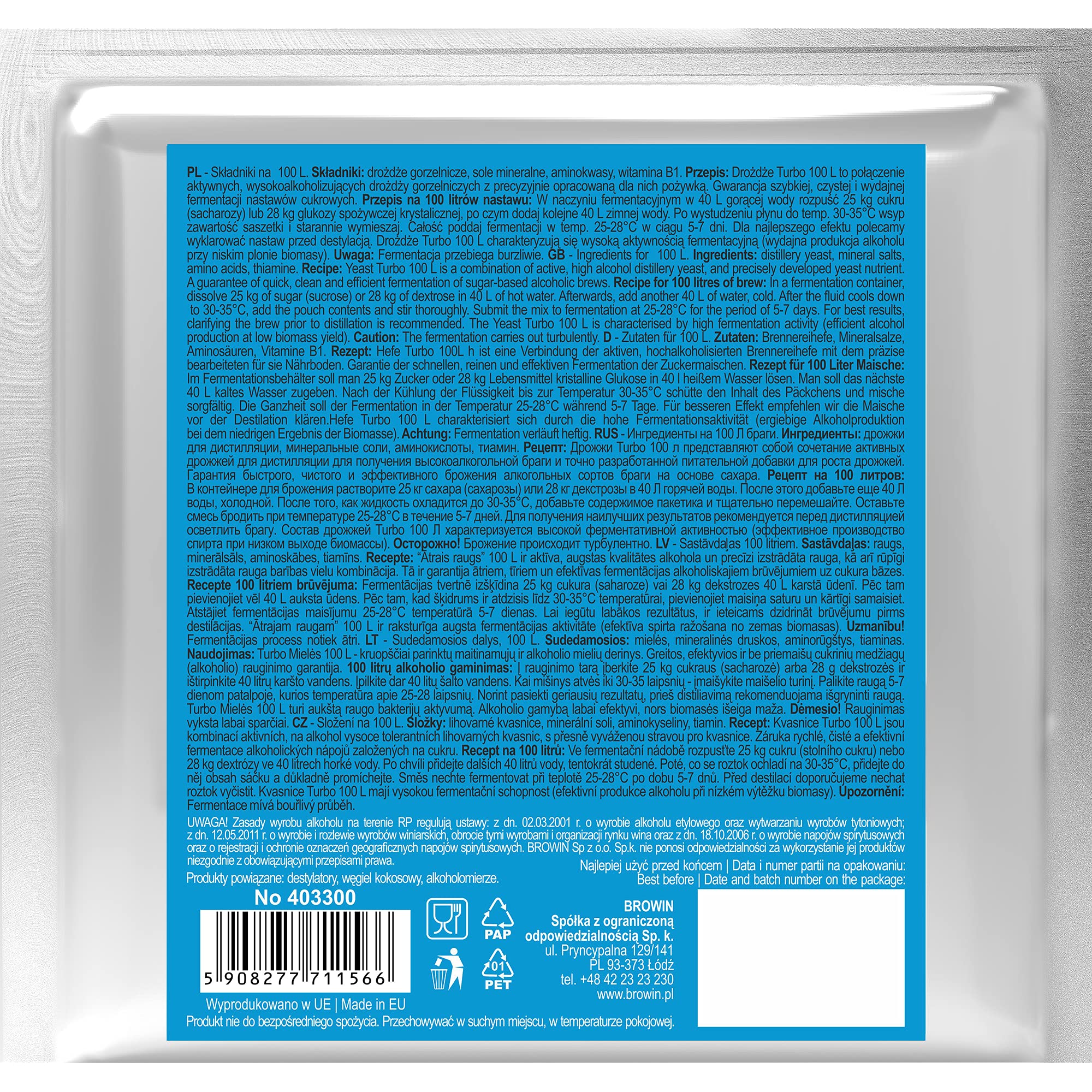 Browin 403300 Turbo Grom, Distiller’s Yeast 340 g, 5-7 Days 100 L, Mixture of Yeast, Nutrients and Vitamins - Image 2