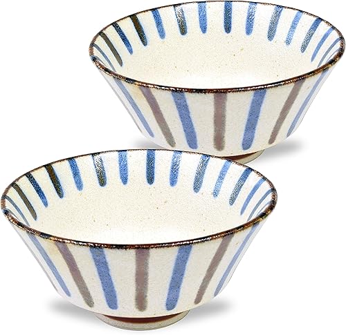 Mino Ware Cuenco de arroz japonés, sopa de fideos de arroz Ramen Sarada Pasta, PAIKAJI Warp Chawan, 5.0 pulgadas, juego de 2