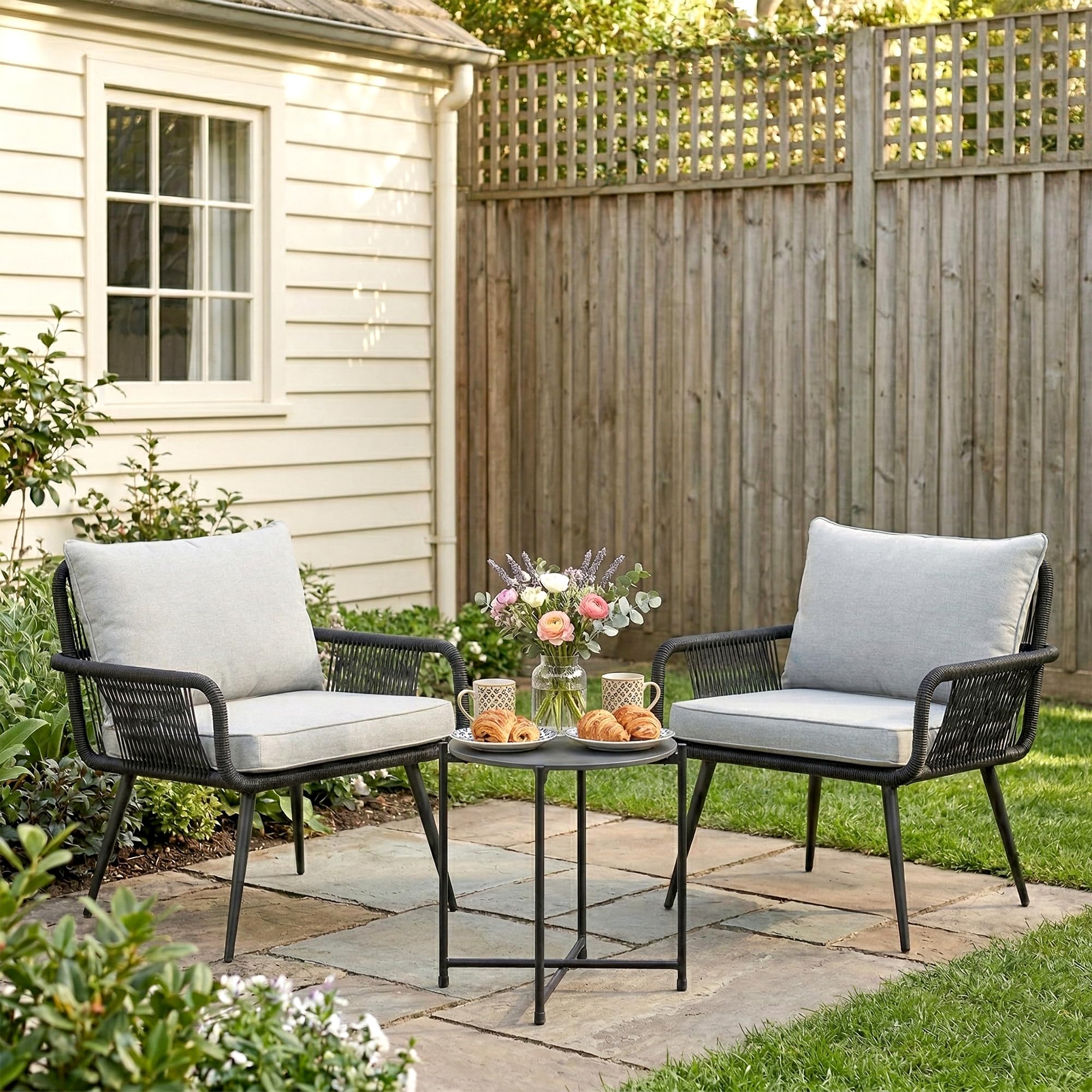 BRISHI Garden Patio Seating Chair and Table Set Outdoor Balcony Garden Coffee Table Set Furniture with 1 Table and 2 Chairs Set with Cushion Braid & Rope (Black)