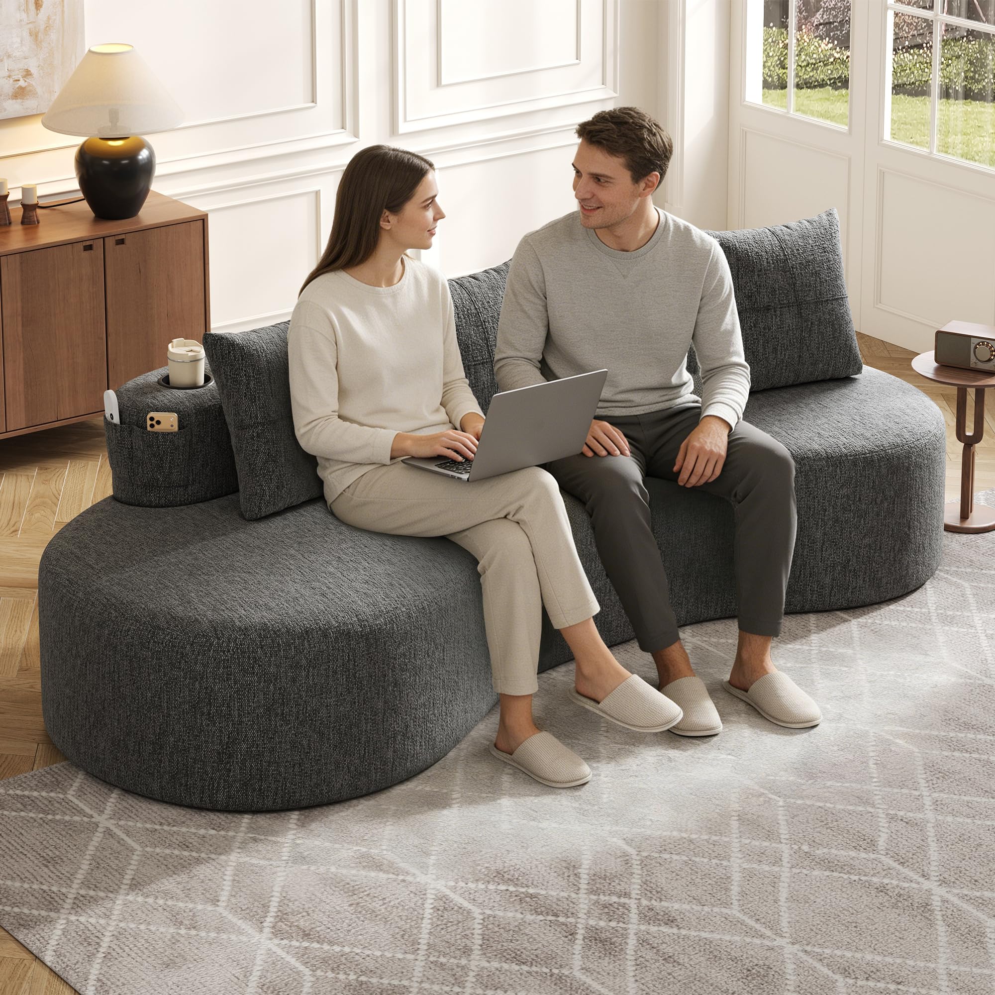 Sofá Cloud de Bladez, sofá curvo con tela de lino, sofá modular con 4 cojines, portavasos y bolsillo lateral, sofá sin patas con relleno de espuma de alta densidad y piezas de resorte, para salón
