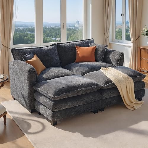 SweetGO corporation 42" Plush Single Sofa Accent Chair with Ottoman for Living Room/Bedroom, Set of 2 Modern Couch for Cozy Lounge Chair for Reading, Dark Gray