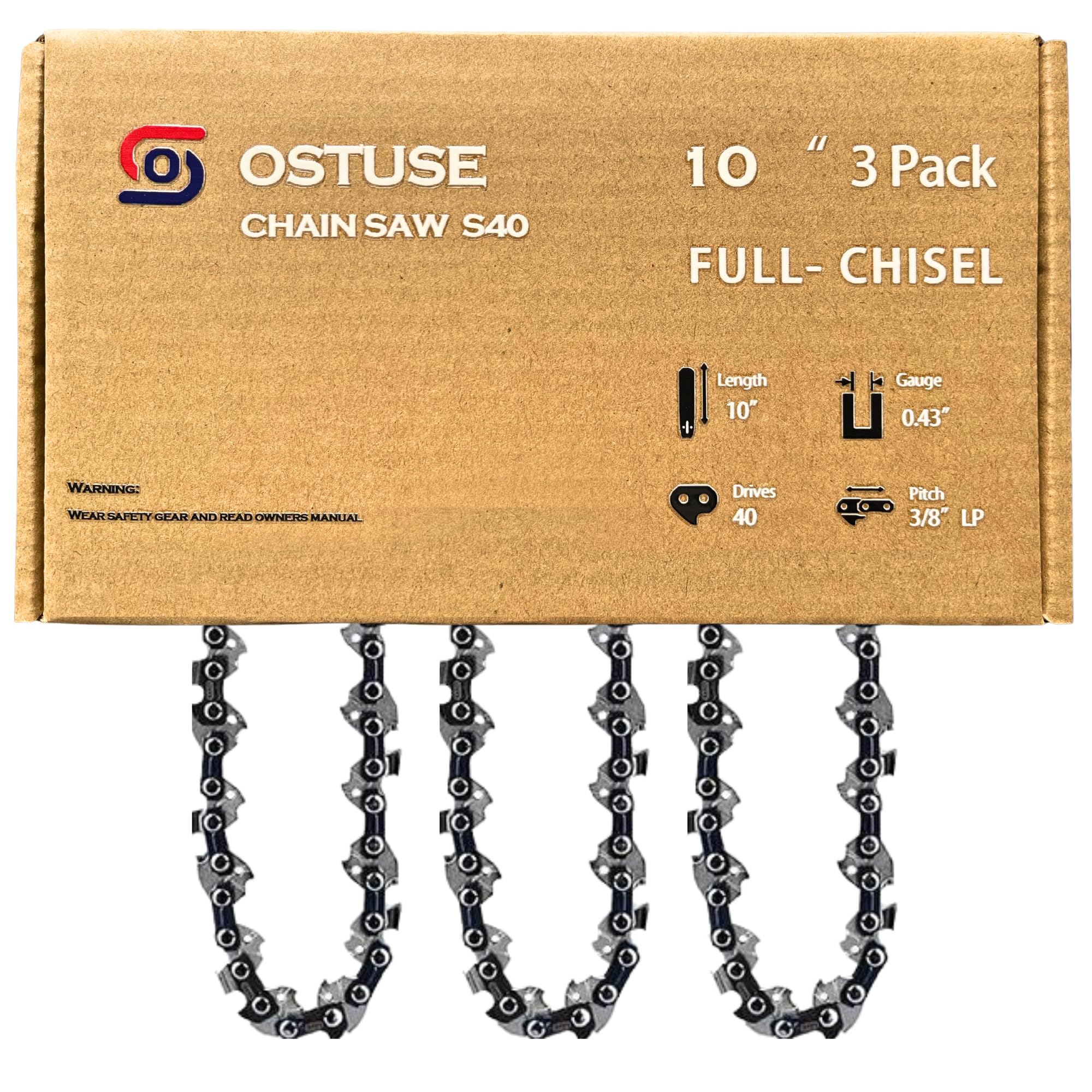 Paquete de 3 cadenas de motosierra de 10 pulgadas para paso LP de 3/8 pulgadas, calibre de 0.43 pulgadas, 40 eslabones de transmisión, compatible con Ryobi P546, Husqvarna 436Li, Milwaukee,