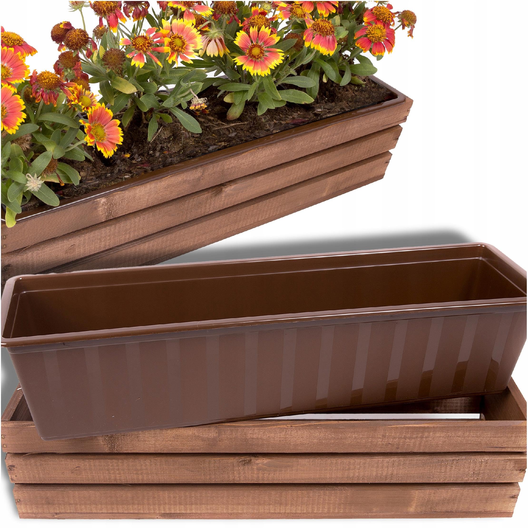 ECODECO Cassetta di Legno per Piante - Fioriera da Esterno con Inserto in Plastica - Vaso Rettangolare 18x60x15 cm per Balcone e Giardino - Contenitore Robusto Marrone