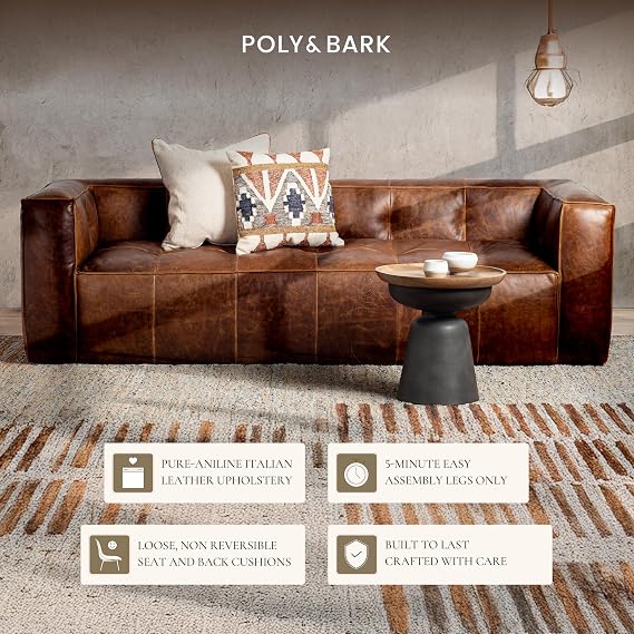 POLY & BARK Capa 96.5 Sofa Chocolate Brown Full-Grain Pure-Aniline Italian Leather, Boxy Modern Design, Feather-Fiber Cushions, Solid Wood Frame
