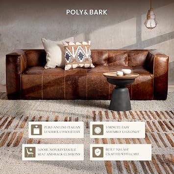 POLY & BARK Capa 96.5 Sofa Chocolate Brown Full-Grain Pure-Aniline Italian Leather, Boxy Modern Design, Feather-Fiber Cushions, Solid Wood Frame